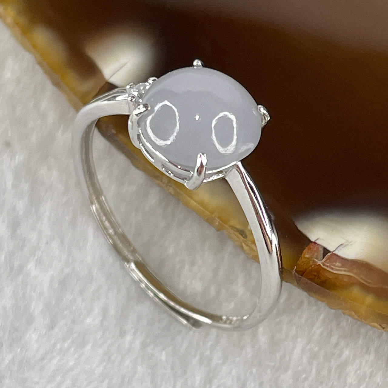 Natural Type A Semi Icy Faint Lavender Jadeite Round Shape Cabouchon in S925 Silver Ring (Adjustable Size) 1.33g 7.7 by 4.5mm