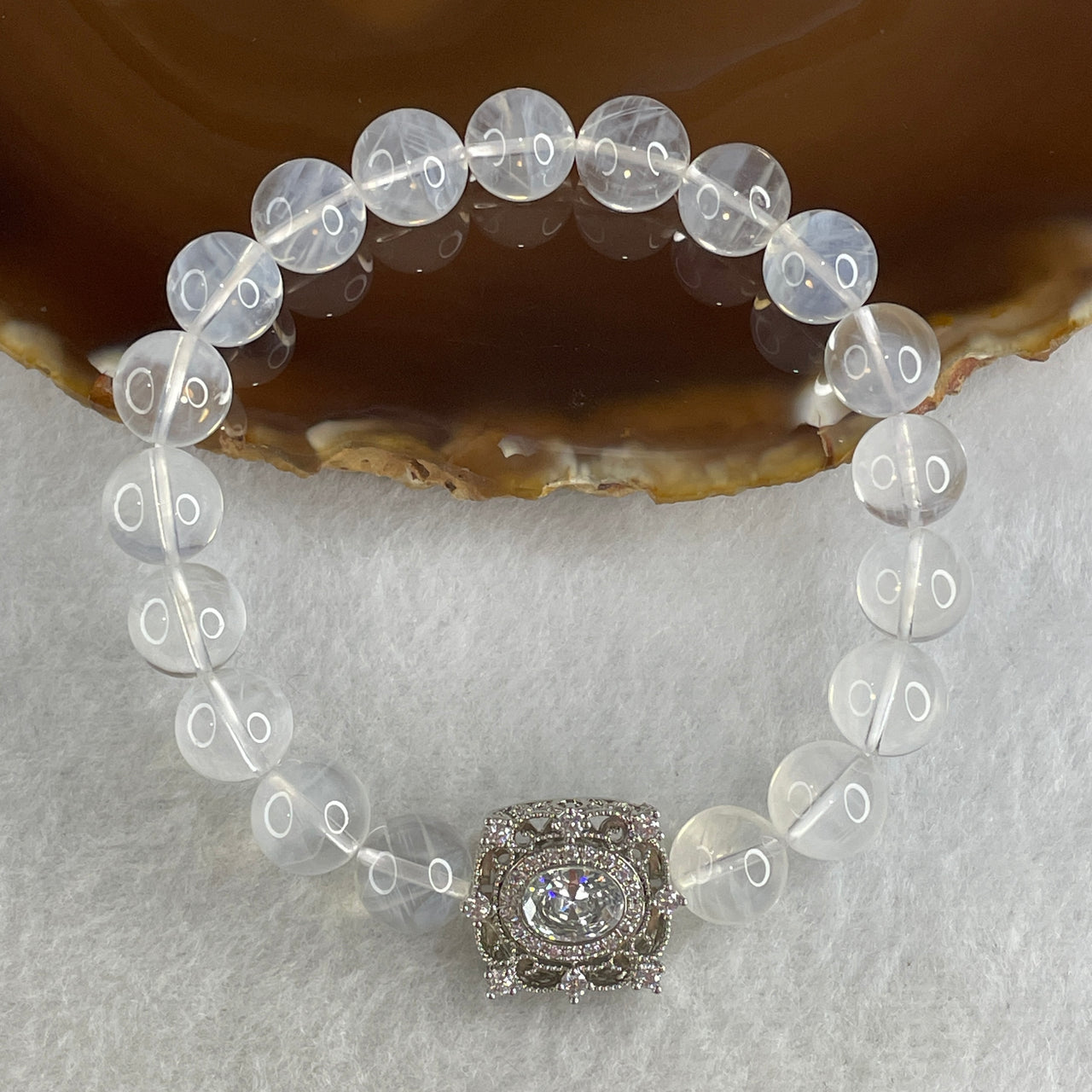Good Grade Natural White Phantom Quartz Beads Bracelet with Charm 26.36g 16.5cm 9.7mm 19 Beads - 9.1 by 8.1 by 2.0mm Charm - Huangs Jadeite and Jewelry Pte Ltd