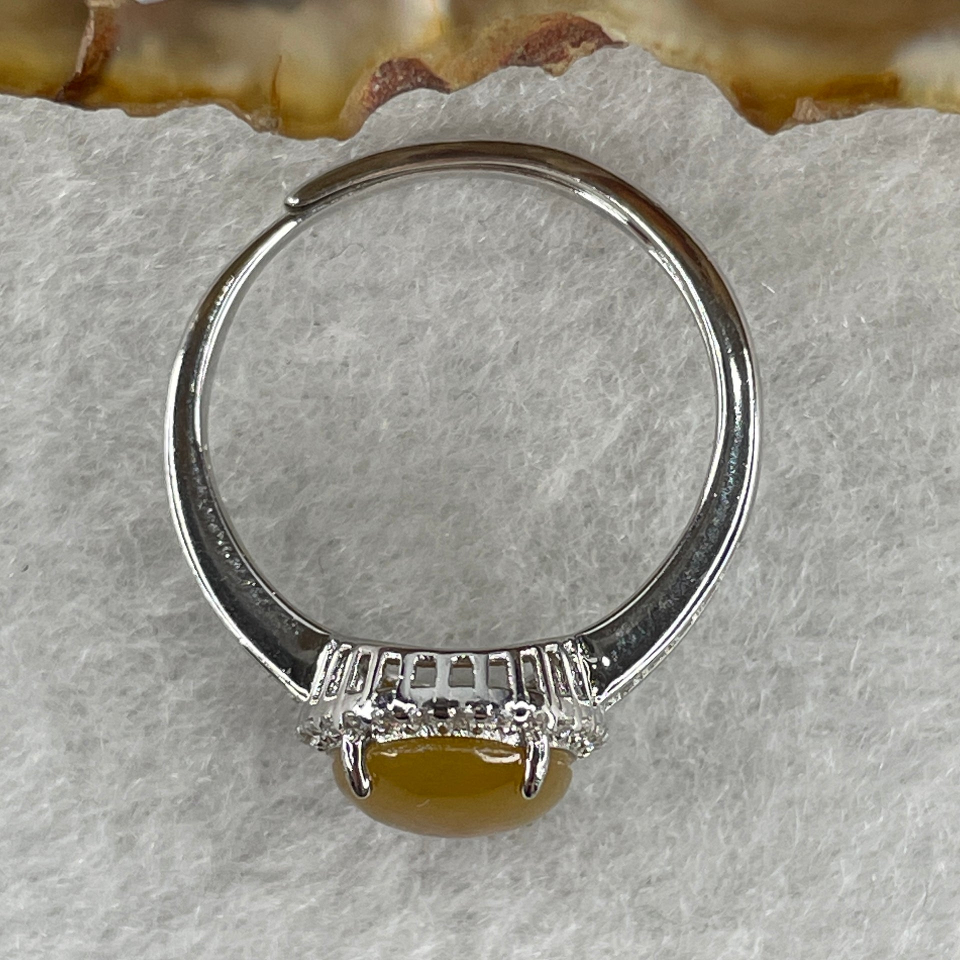 Type A Yellow Jadeite Ring in S925 Sliver with Cubic Zirconia 2.46g 10.0 by 7.5 by 3.0mm (Adjustable Size) - Huangs Jadeite and Jewelry Pte Ltd