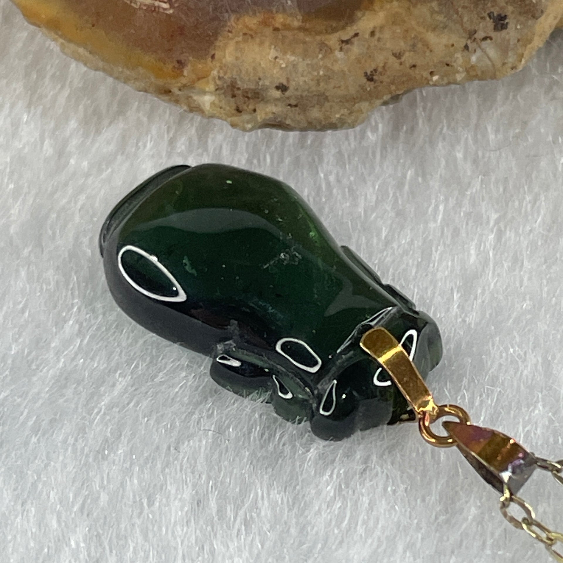 Good Grade Natural Blueish Green Tourmaline Crystal Vase Pendant with 18K Rose Clasp and Gold Color S925 Silver Necklace 2.28g 16.5 by 9.8 by 4.7mm - Huangs Jadeite and Jewelry Pte Ltd