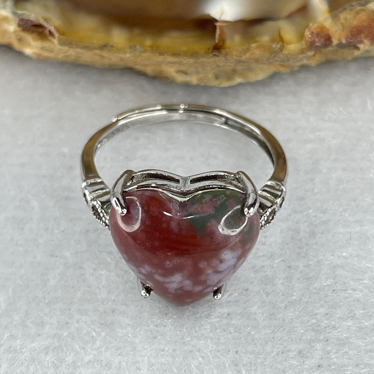Natural Red Brecciated Jasper Heart Shape Ring in S925 Sliver 2.65g 12.4 by 12.7 by 5.5mm (Adjustable Size) - Huangs Jadeite and Jewelry Pte Ltd