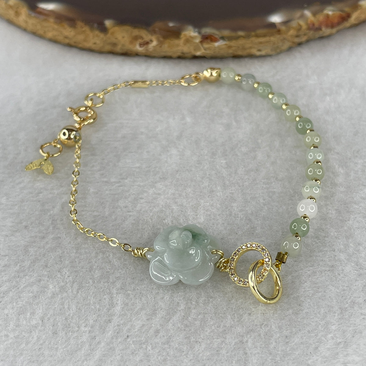 Natural Type A Green Jadeite Peony Flower 15.5x7.1mm Amulet Bracelet | Adjustable 14-18cm Gold-Toned Elegant Layering Chain Luxury Charm (5.54g) - Huangs Jadeite and Jewelry Pte Ltd