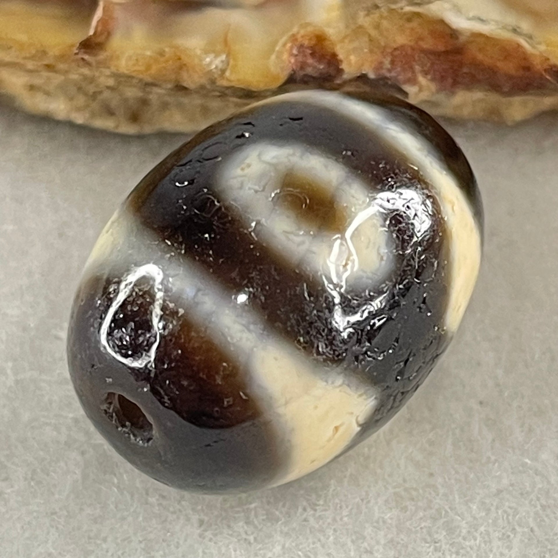 Natural Powerful Tibetan Old Oily Agate 3 Eyes Dzi Bead Heavenly Master (Tian Zhu) 三眼天诛 6.20g 20.3 by 14.7mm - Huangs Jadeite and Jewelry Pte Ltd