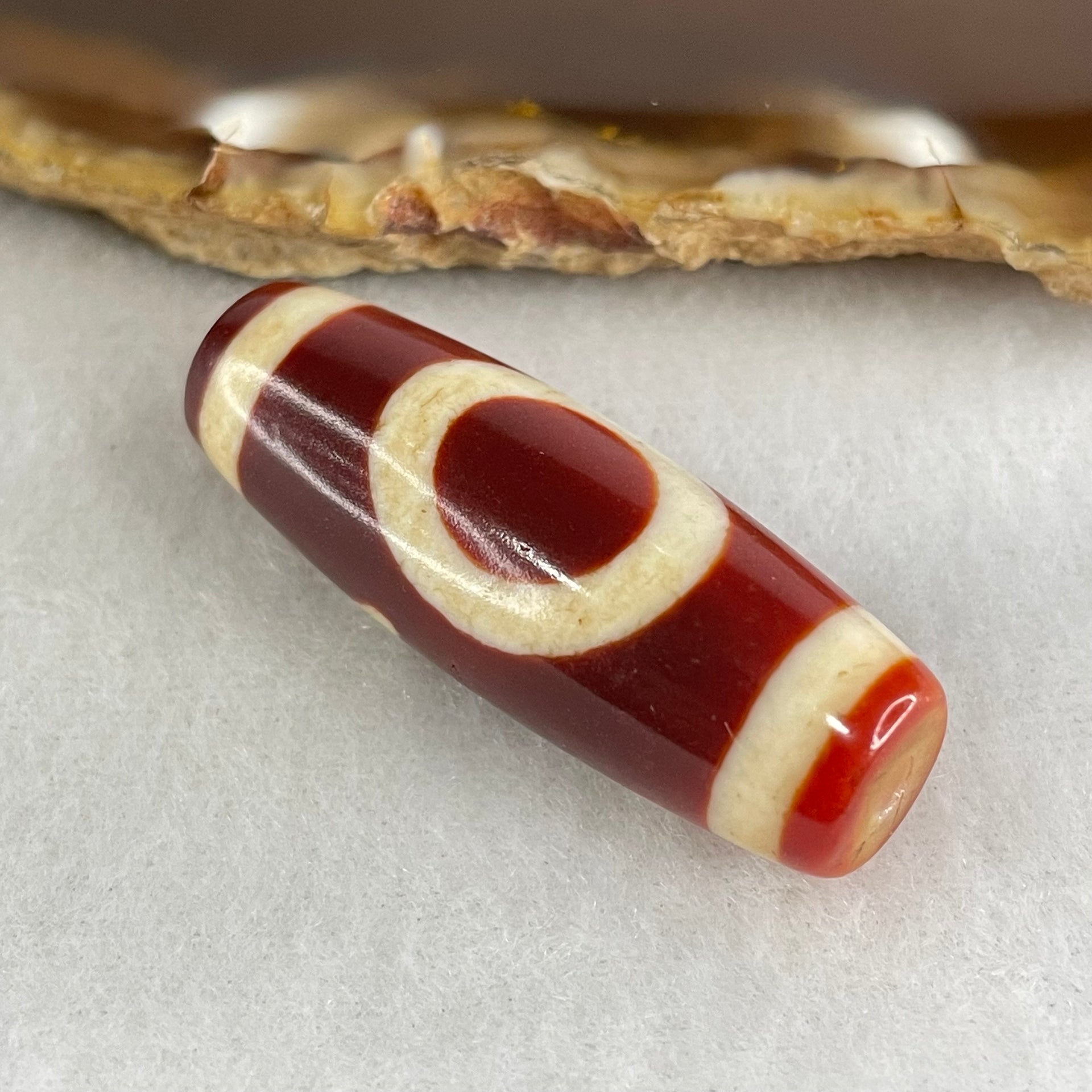 Natural Powerful Tibetan Old Oily Red White Agate One Eye Gold Metal Element Dzi Bead Heavenly Master (Tian Zhu) 一眼金天珠 10.45g 37.9 by 13.4mm - Huangs Jadeite and Jewelry Pte Ltd