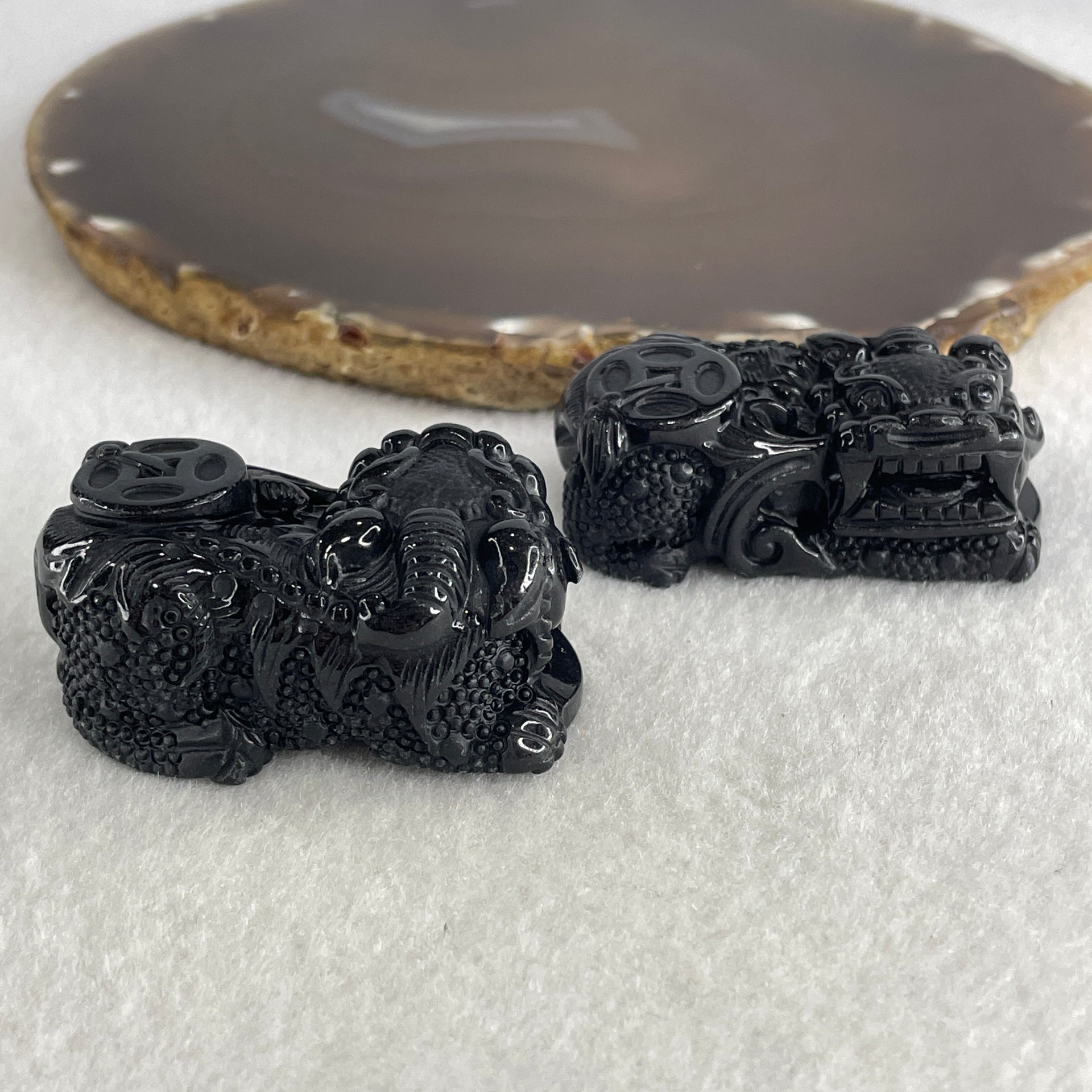 Certified Natural Type A Black Omphacite Jadeite Pixiu pair Pendant Each About 63.02g 51.2 by 29.4 by 21.0mm And 64.42g 48.5 by 28.1 by 22.7mm - Huangs Jadeite and Jewelry Pte Ltd