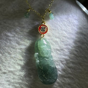 Type A Icy Blueish Green Jadeite God of Fortune Cai Shen Ye Pendent In Gold Color Necklace 8.61g 38.2 by 15.8 by 3.8mm - Huangs Jadeite and Jewelry Pte Ltd