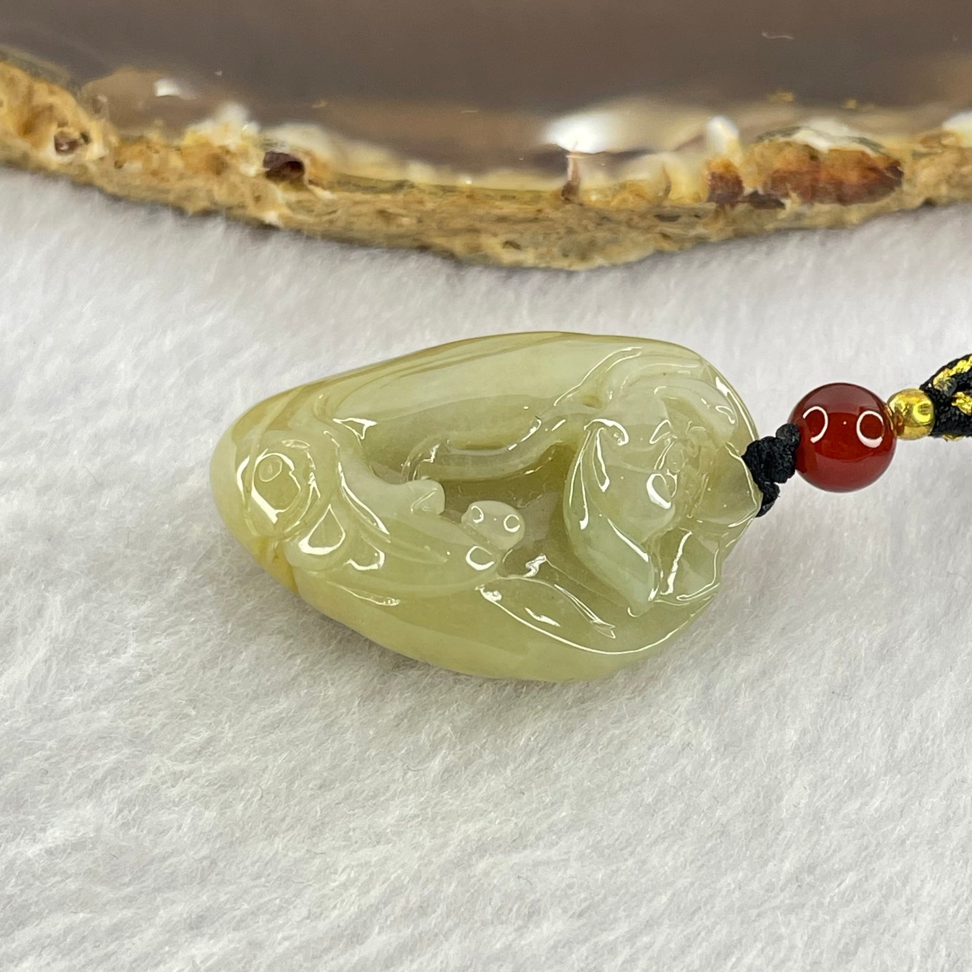 Type A Yellow with Green Jadeite Flower and Gui Ren Benefactor Pendant 18.03g 31.9 by 22.7 by 13.8mm - Huangs Jadeite and Jewelry Pte Ltd