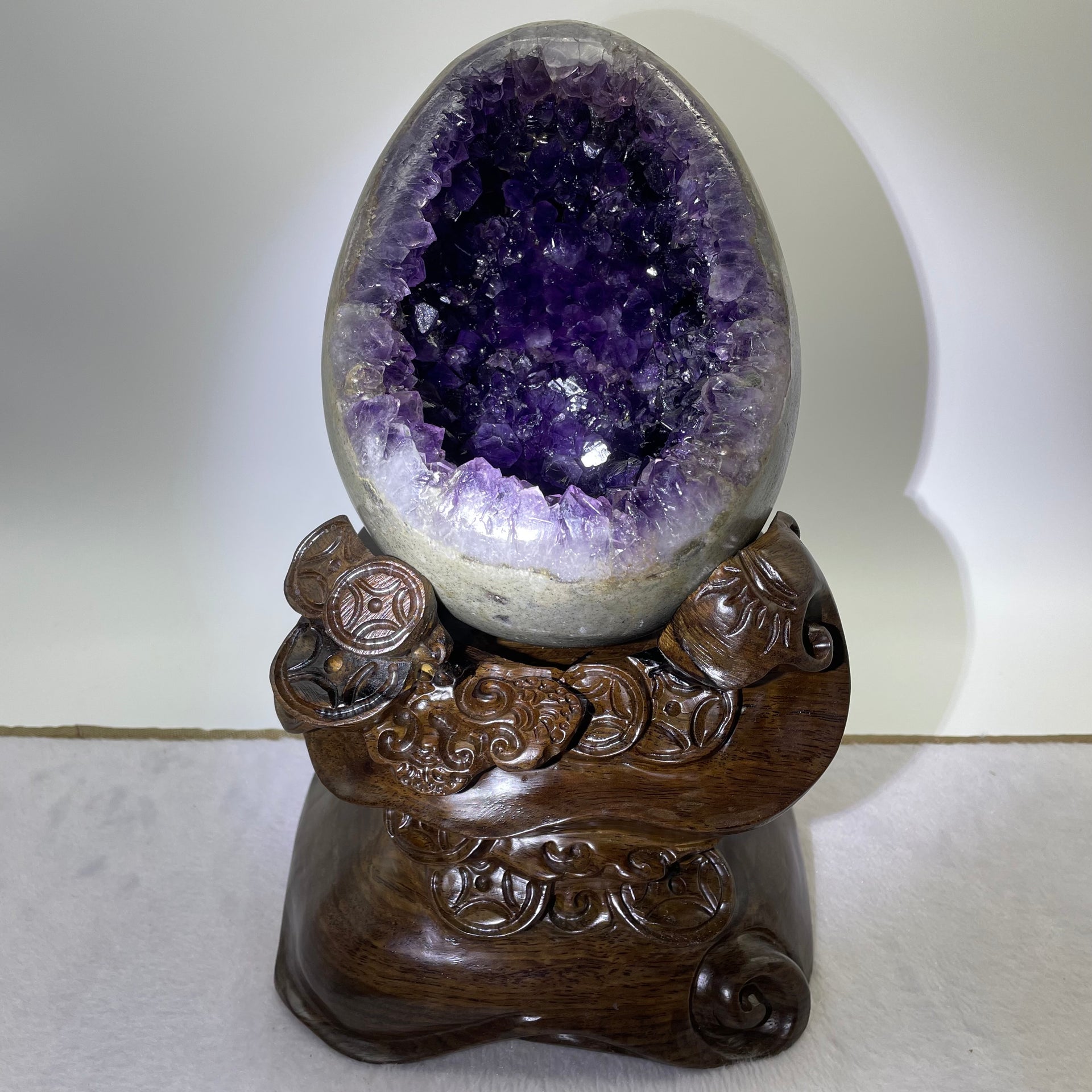 Natural Deep Purple Amethyst Egg with Wooden Stand Display Total 5,496.0g 170.0 by 165.0 by 275.0mm - Huangs Jadeite and Jewelry Pte Ltd