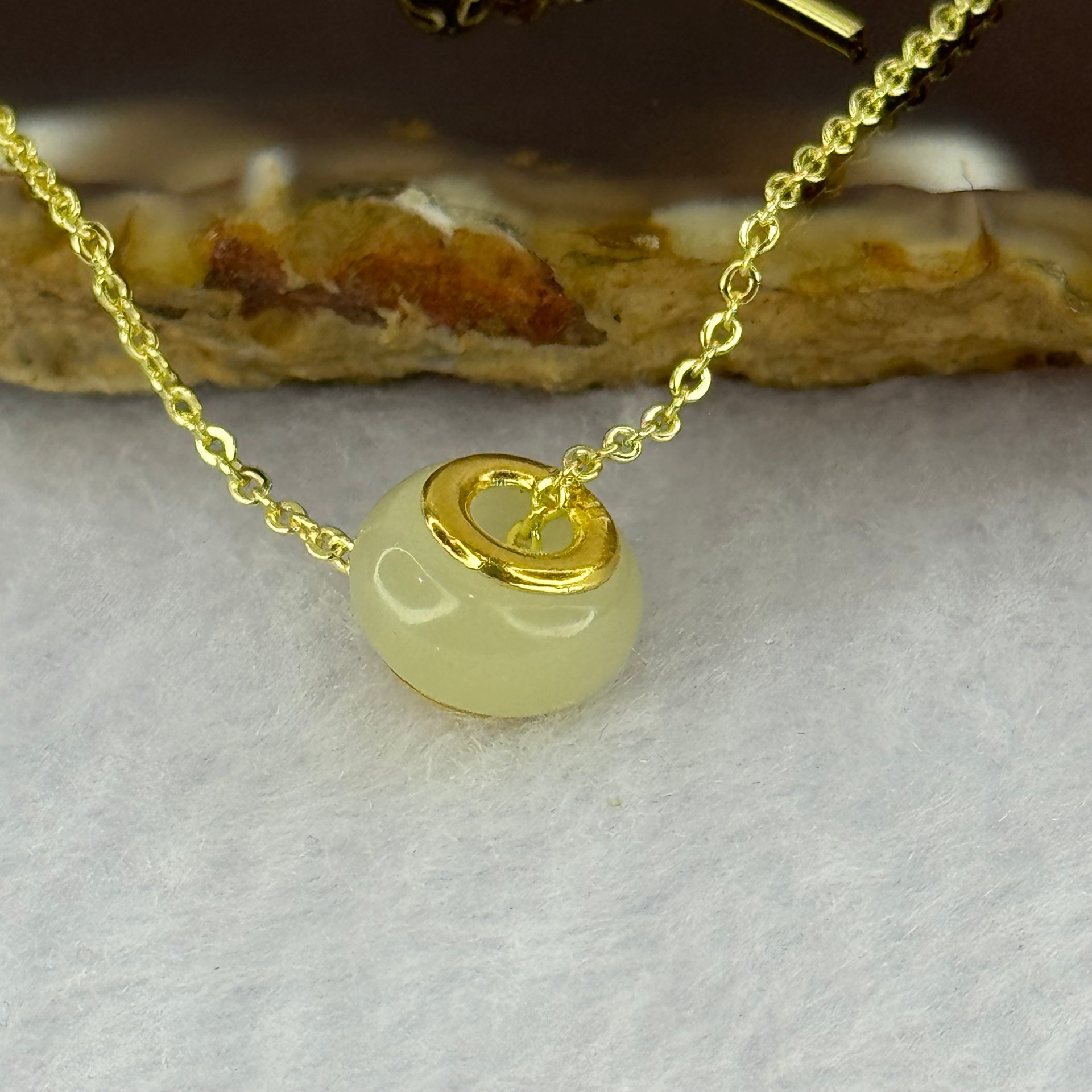 Natural Yellowish Nephrite Ping An Kou Donut 999 Gold Pendent in Gold Color Necklace 2.91g 10.1 by 6.5mm - Huangs Jadeite and Jewelry Pte Ltd