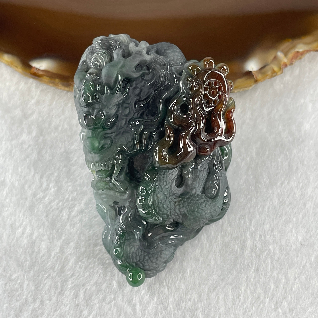Natural Type A Wuji Grey Green and Brown Jadeite Fire Dragon Pendant 96.87g 62.8 by 39.3 by 36.5mm