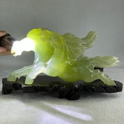 Natural Green Serpentine Double Horse with Wooden Stand Display 971.8g 220.0 by 104.5 by 115.0mm - Huangs Jadeite and Jewelry Pte Ltd