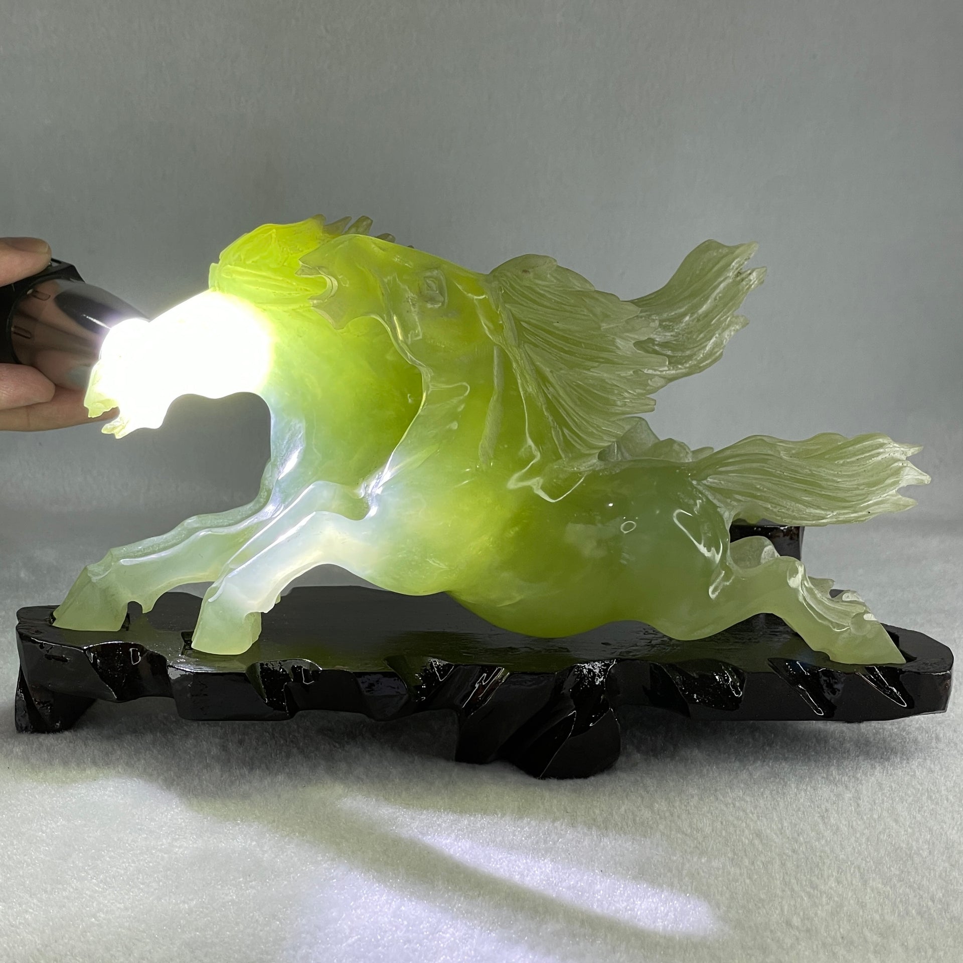 Natural Green Serpentine Double Horse with Wooden Stand Display 971.8g 220.0 by 104.5 by 115.0mm - Huangs Jadeite and Jewelry Pte Ltd