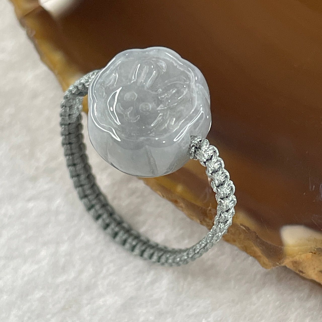 Natural Type A Wuji Grey Jadeite Rabbit String Elastic Ring 2.16g 11.7 by 11.2 by 6.6mm
