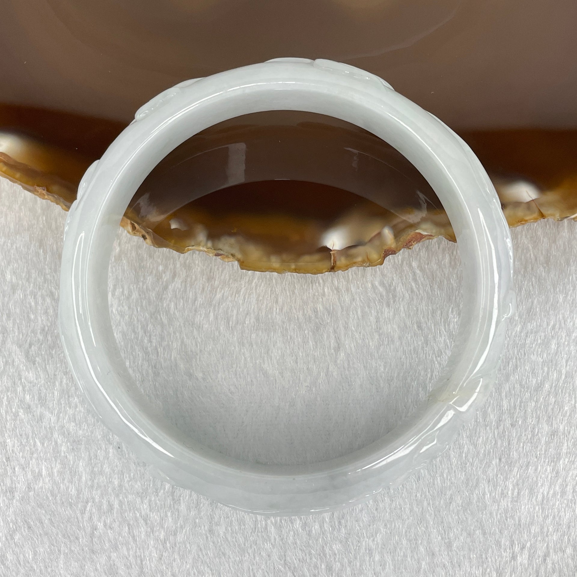 Type A Faint Blueish Green with Faint Lavender Patches Jadeite Flower and Leaf Bangle 43.09g Internal Diameter 58.12mm 13.4 by 7.4mm (External Lines) - Huangs Jadeite and Jewelry Pte Ltd