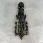 Type A Green with Dark Green to Black Piao Hu Flora Jadeite Axe with Yin and Yang 320.38g with Wooden Stand Display Total 904.5g 170.0 by 124.0 by 195.0mm - Huangs Jadeite and Jewelry Pte Ltd