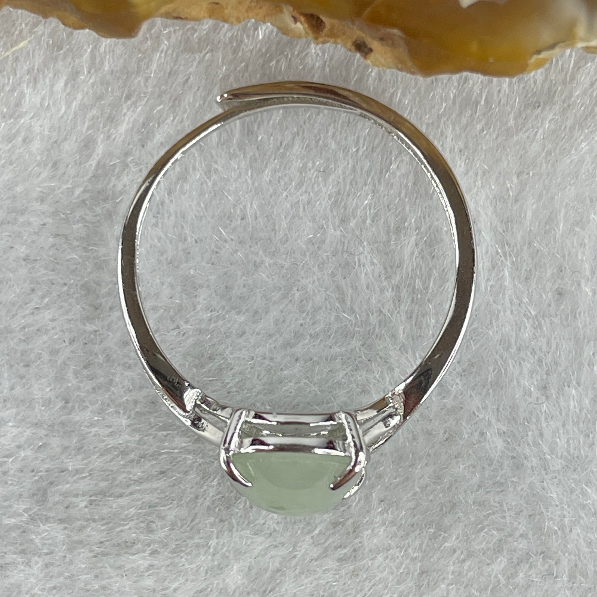 Natural Type A Semi Icy Faint Green Jadeite Oval Shape Cabouchon in S925 Silver Ring (Adjustable Size) 1.38g 9.5 by 7.2 by 3.5mm - Huangs Jadeite and Jewelry Pte Ltd