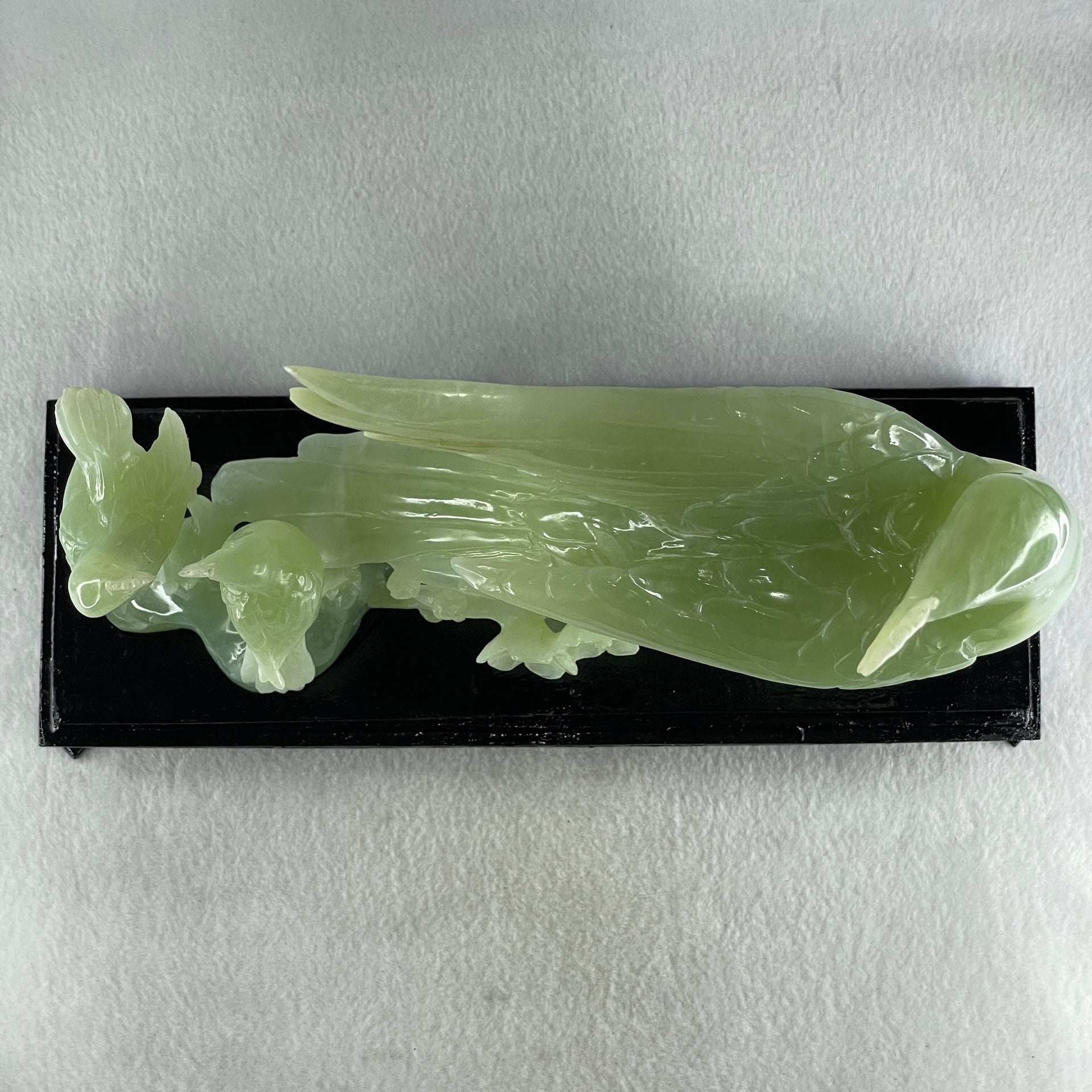 Natural Green Serpentine Phoenix with Twin Birds on Tree with Wooden Stand Display 1,158.3g L257.0 by B98.0 by H203.0mm - Huangs Jadeite and Jewelry Pte Ltd