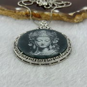 Type A Dark Blueish Green Jadeite Guan Yin 37.3 by 2.0mm with Crystals Pendant in S925 Sliver Necklace 15.30g - Huangs Jadeite and Jewelry Pte Ltd