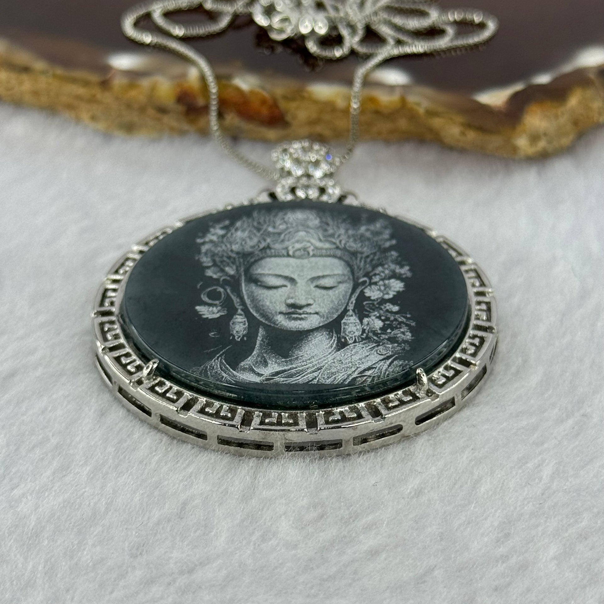 Type A Dark Blueish Green Jadeite Guan Yin 37.3 by 2.0mm with Crystals Pendant in S925 Sliver Necklace 15.30g - Huangs Jadeite and Jewelry Pte Ltd