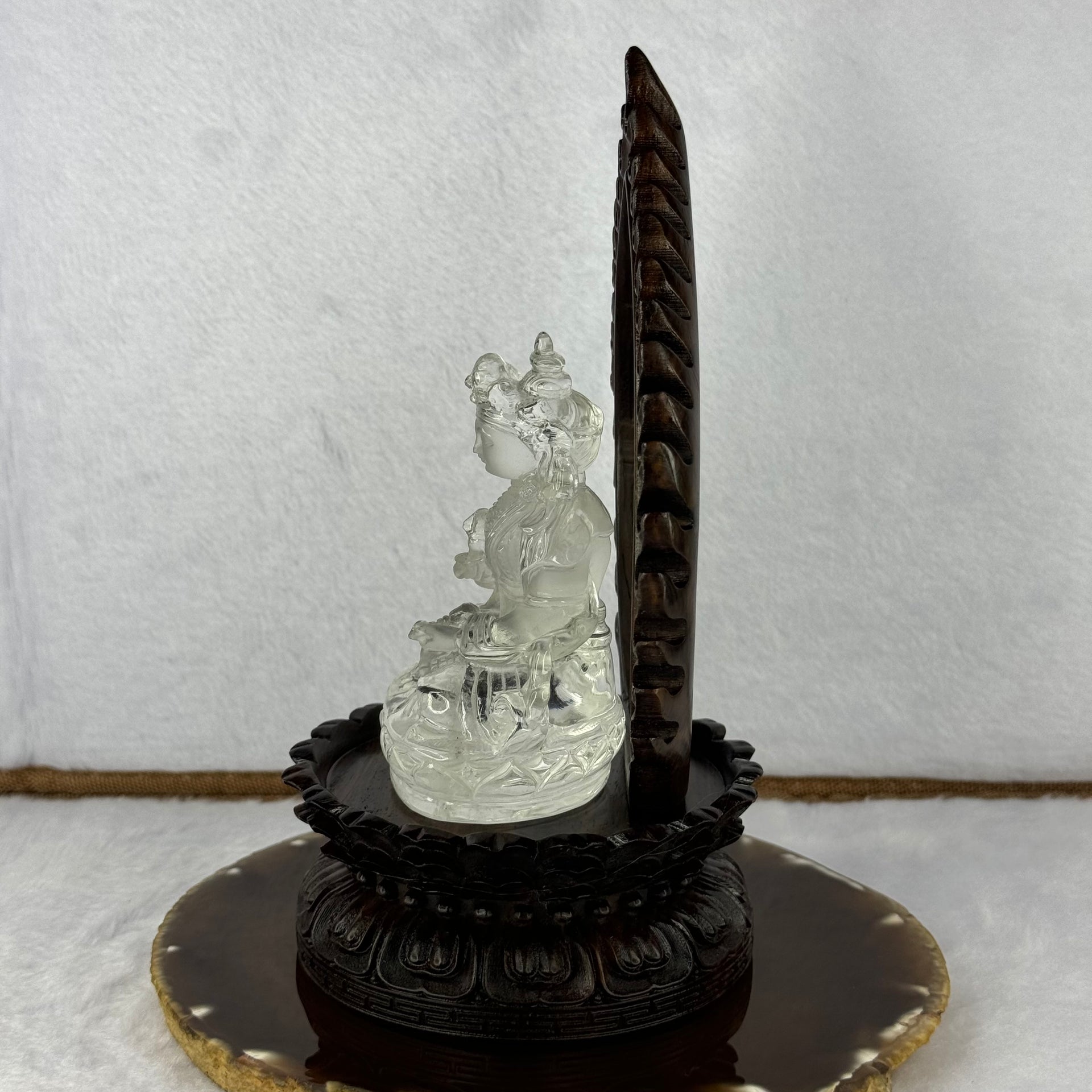 High Quality Natural Clear Quartz Vajrasattva With High Grade Wooden Stand Display 白水晶金刚撒埵和木脚摆件 526.66g 180.0 by 96.mm - Huangs Jadeite and Jewelry Pte Ltd