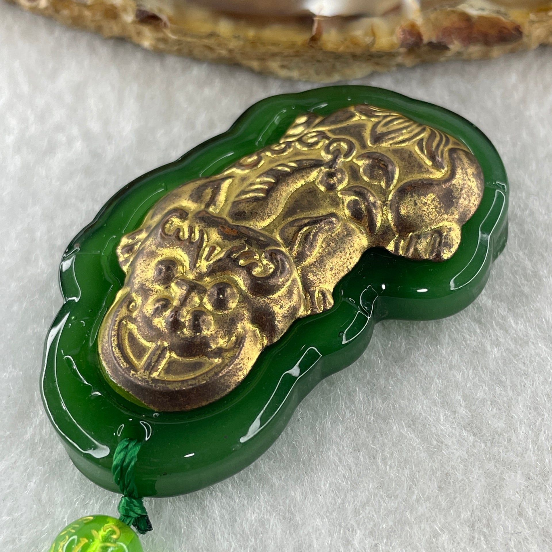 Man Made Brass Pixiu Green Color Beads Necklace 44.42g 64cm 50.3 by 31.6 by 11.5mm - Huangs Jadeite and Jewelry Pte Ltd