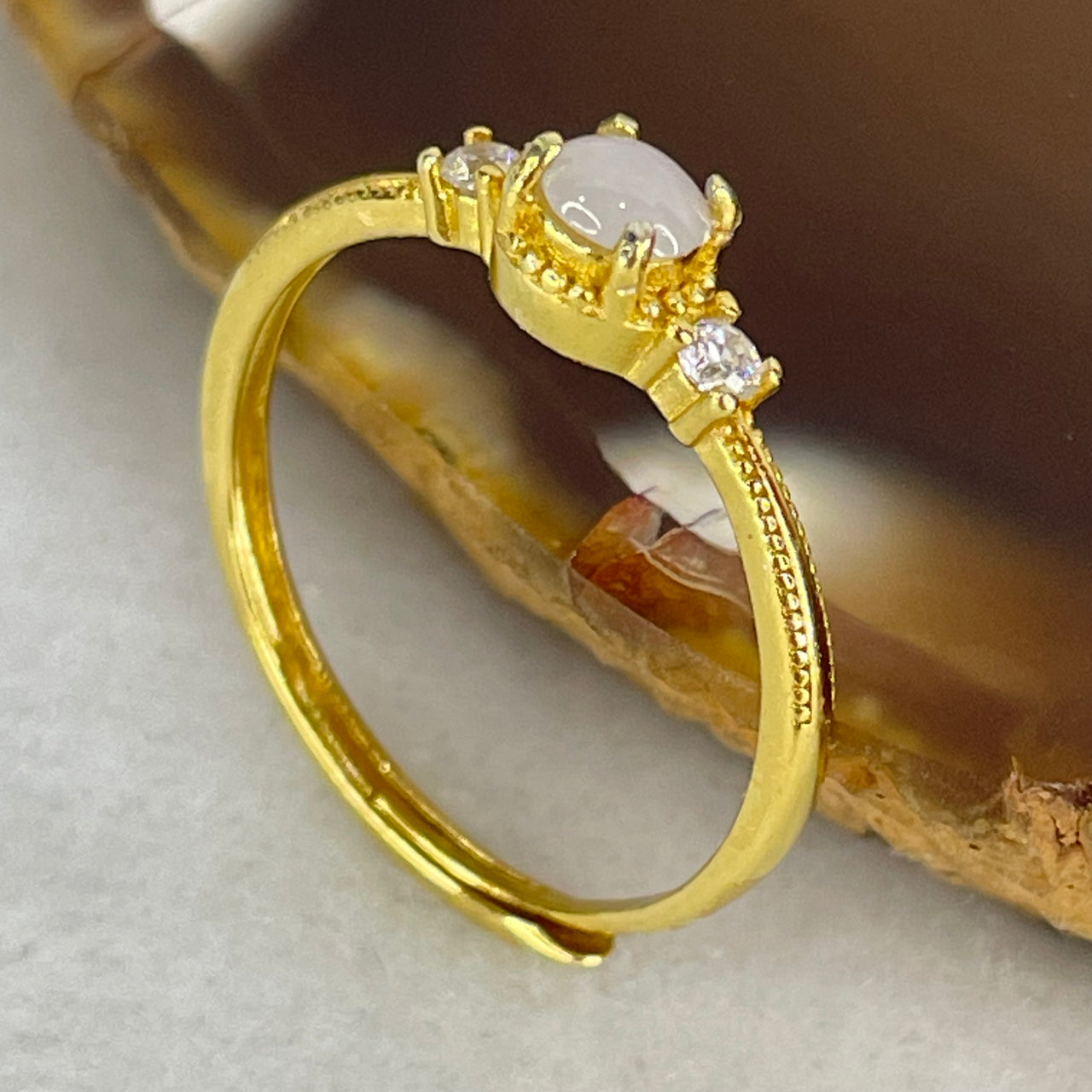 Type A Lavender Cabochon Jadeite in S925 Sliver Gold Color Ring (Adjustable Size) 0.95g 3.8 by 3.6 by 1.5mm - Huangs Jadeite and Jewelry Pte Ltd