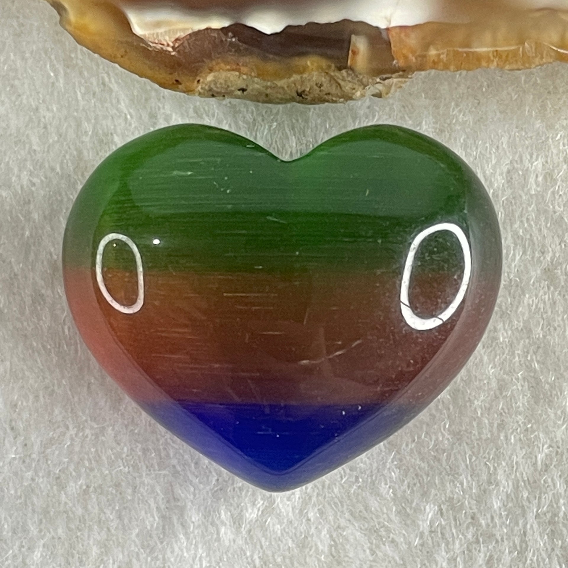 Natural Green with Red and Blue Cats Eye Glass Mini Heart Shape Display 17.49g 30.3 by 25.4 by 16.1mm - Huangs Jadeite and Jewelry Pte Ltd