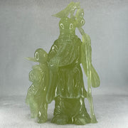 Natural Green Serpentine Shou Xing Gong and Tong Zi with Wooden Stand Display 1,535.1g 160.0 by 276.0 by 68.0mm - Huangs Jadeite and Jewelry Pte Ltd