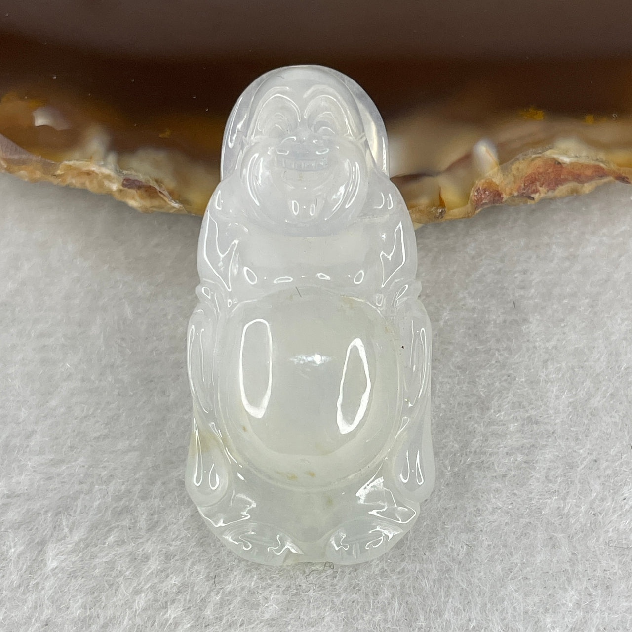 Natural Type A Icy Colorless Jadeite Milo Buddha Pendant | Translucent White Laughing Buddha Amulet (7.46g, 38.0mm)