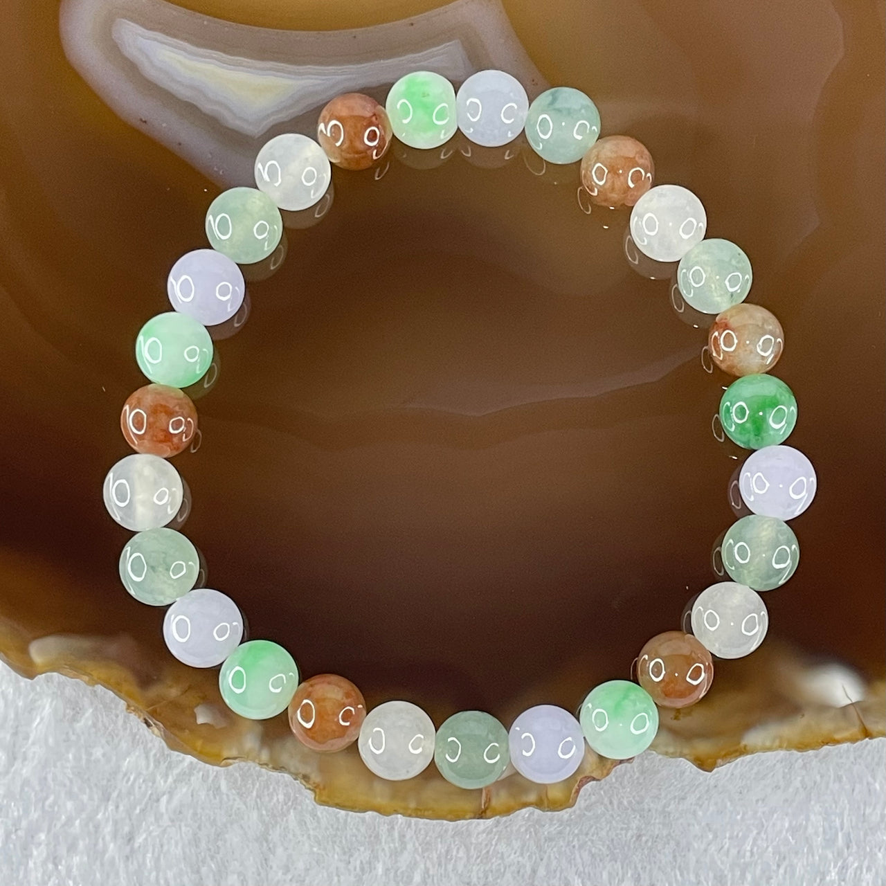 Type A Muti Color Light Green Light Lavender and Brown Jadeite Beads Bracelet 15.36g 15.5cm 7.0mm 27 Beads - Huangs Jadeite and Jewelry Pte Ltd