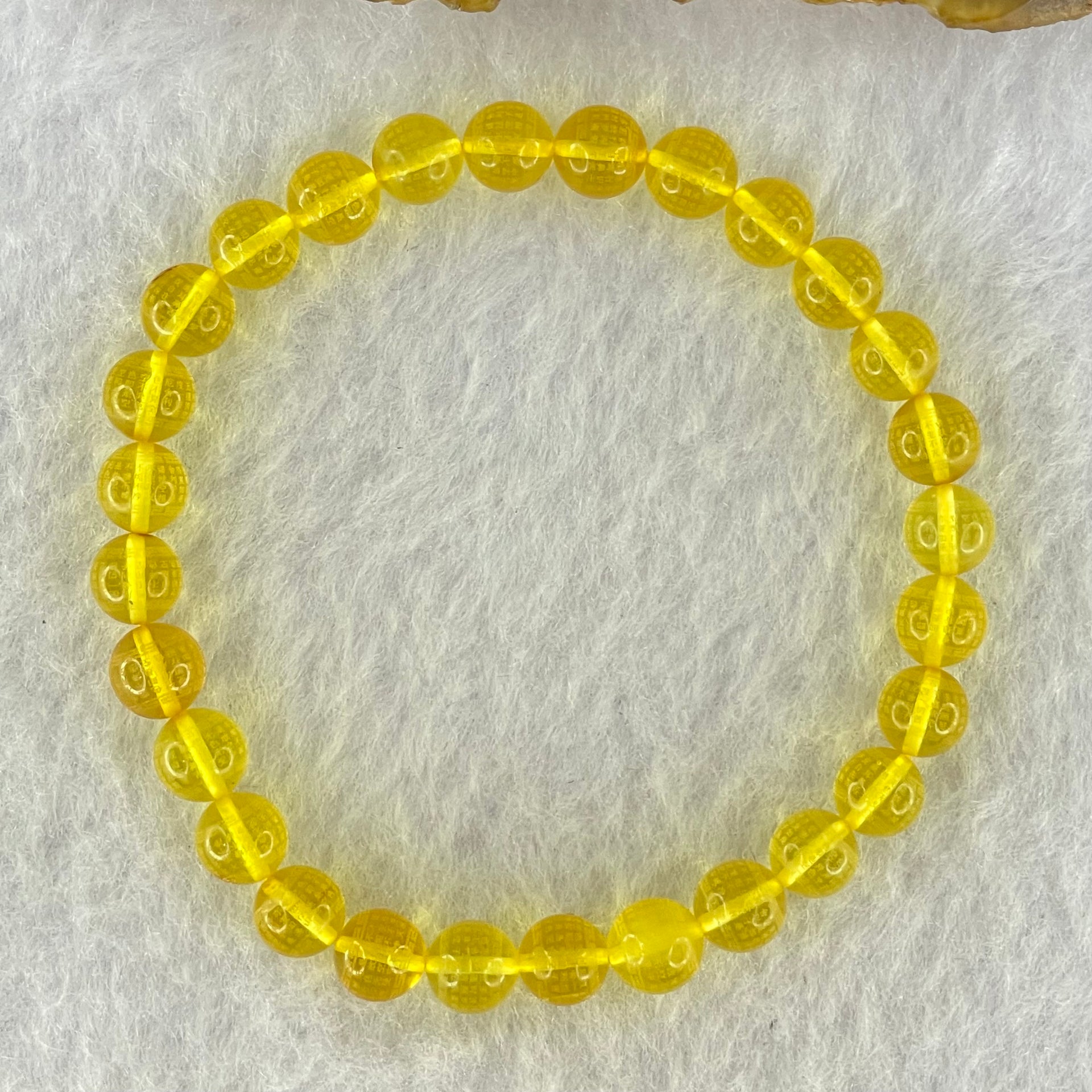 Natural Yellow Amber Beads with Inscription Bracelet 4.38g 15.5cm 6.7mm 28 Beads - Huangs Jadeite and Jewelry Pte Ltd