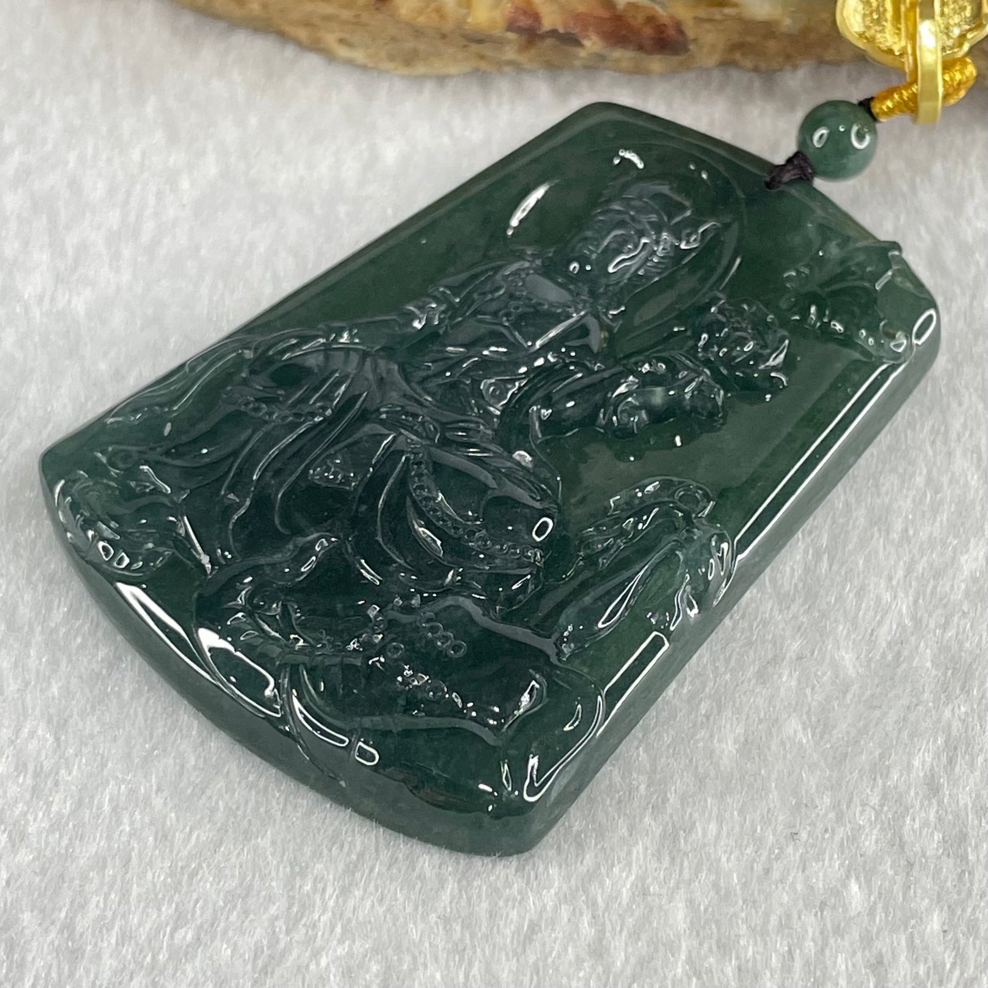 Grand Master Type A Icy Dark Blueish Green Samantabhadra Bodhisattva Guan Yin on Elephant and Flower Pendant 61.87g 57 by 41.6 by 5.6mm - Huangs Jadeite and Jewelry Pte Ltd