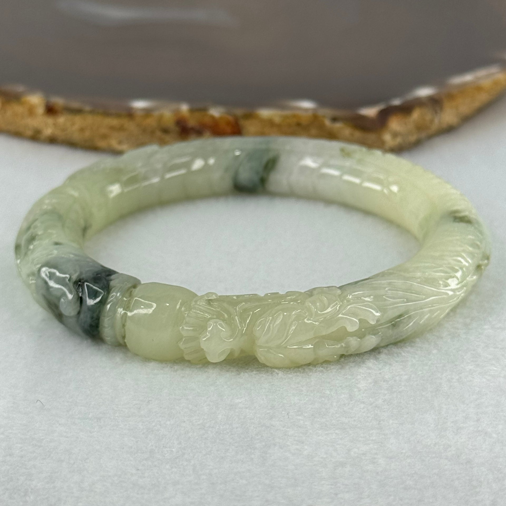 Type A Light Green with Moss Green Piao Hua Jadeite Dragon Bangle Internal Diameter 57.1mm 62.53g 11.5 by 12.4mm (Internal Line) - Huangs Jadeite and Jewelry Pte Ltd