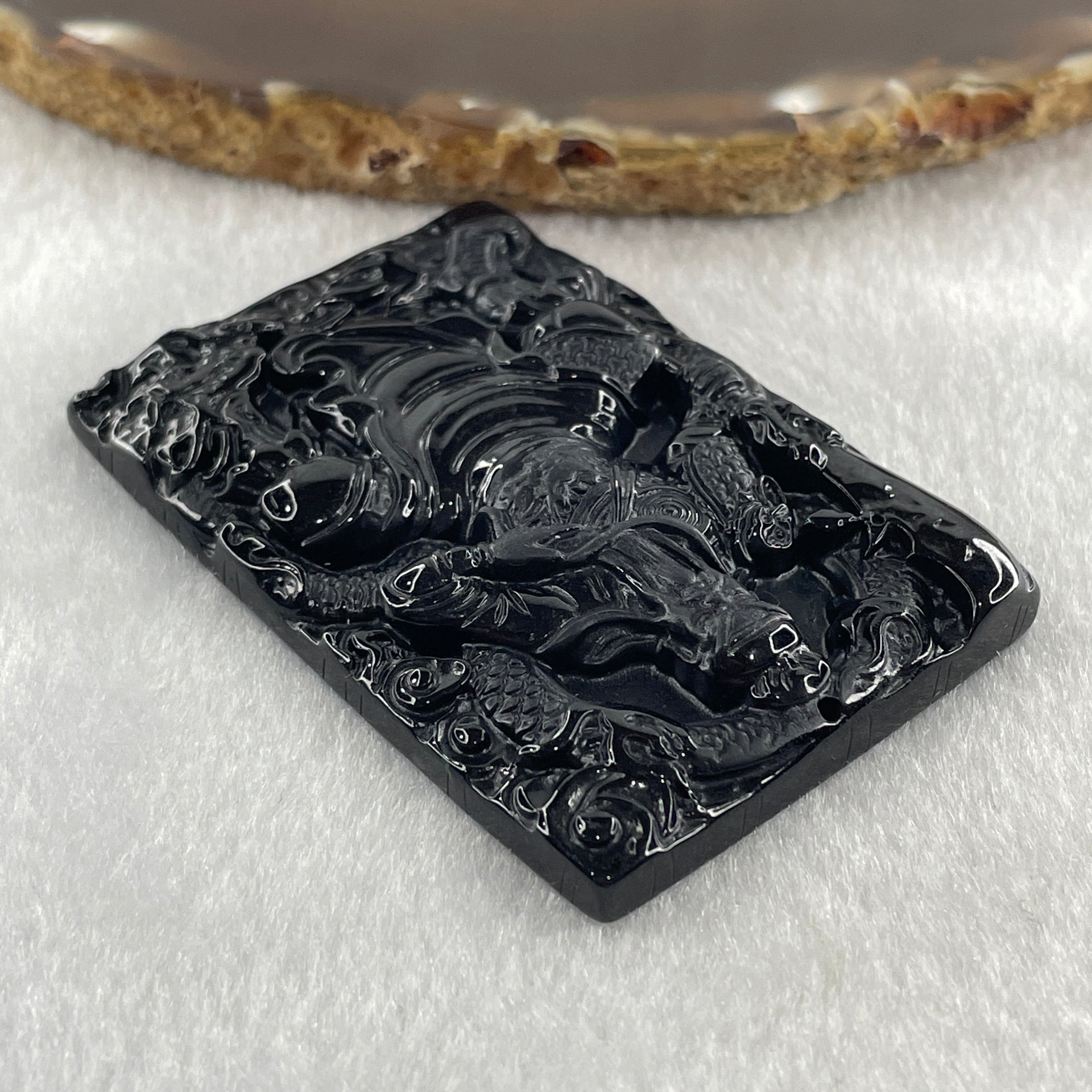 Type A Opaque to Partial Translucent Black Omphacite Jadeite Guan Gong with Dragon Pendant 33.76g 61.3 by 41.6 by 7.2mm - Huangs Jadeite and Jewelry Pte Ltd