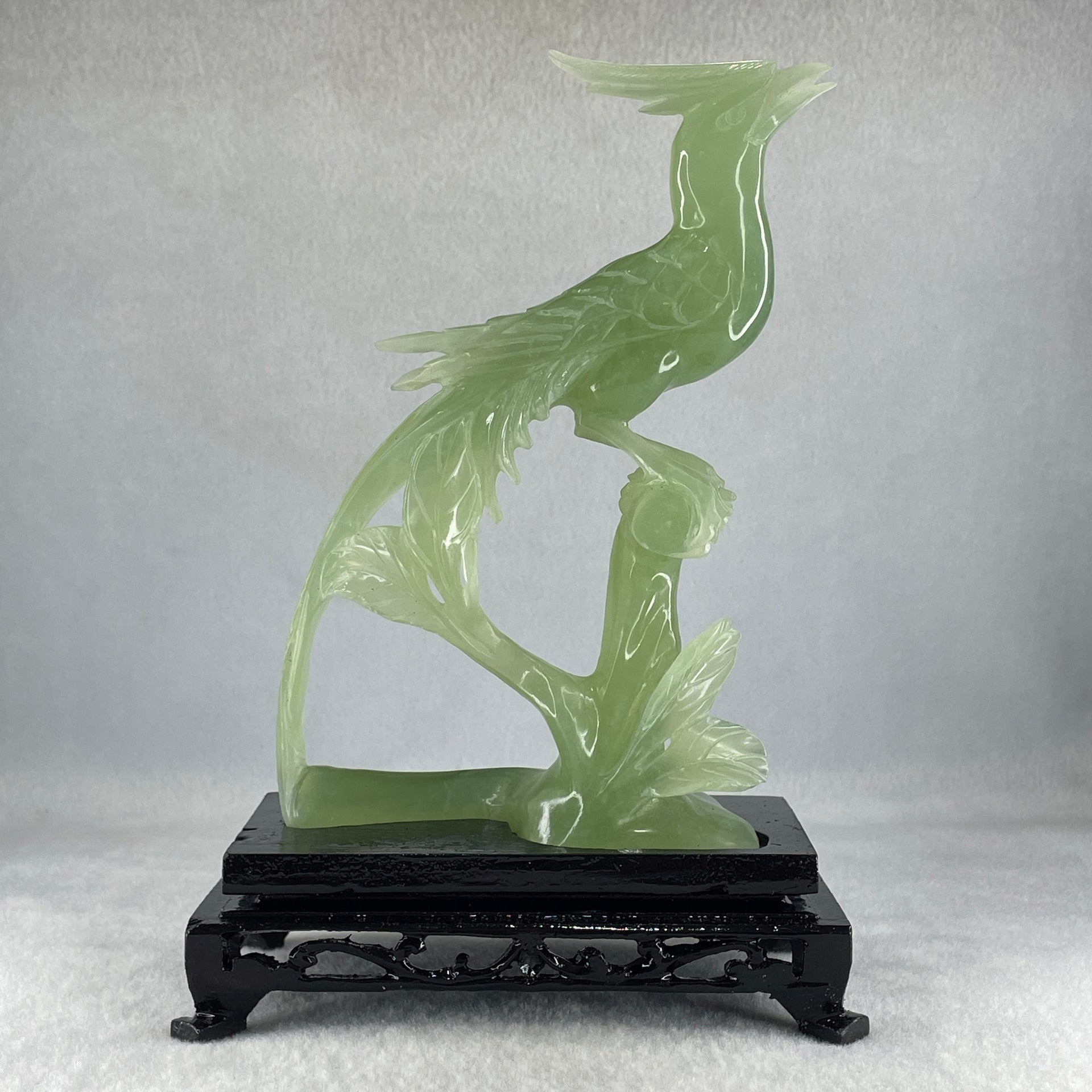 Natural Green Serpentine Phoenix Birds on Tree with Wooden Stand Display 366.6g 139.0 by 198.0 by 75.0mm - Huangs Jadeite and Jewelry Pte Ltd