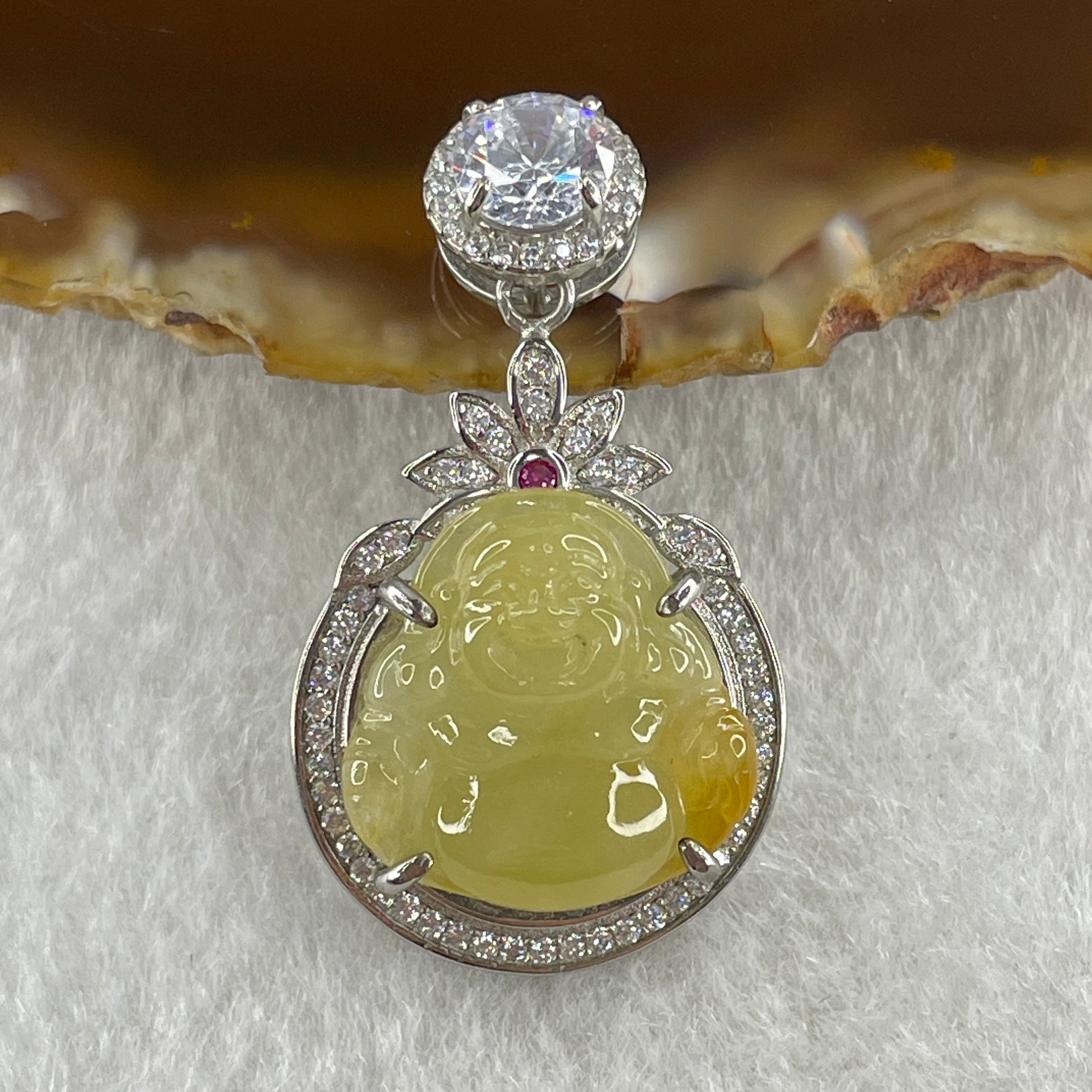 Type A Natural Semi Icy Yellow Jadeite Milo Buddha S925  Silver with Cubic Zirconia Pendant 5.28g 17.1 by 16.5 by 5.0mm - Huangs Jadeite and Jewelry Pte Ltd