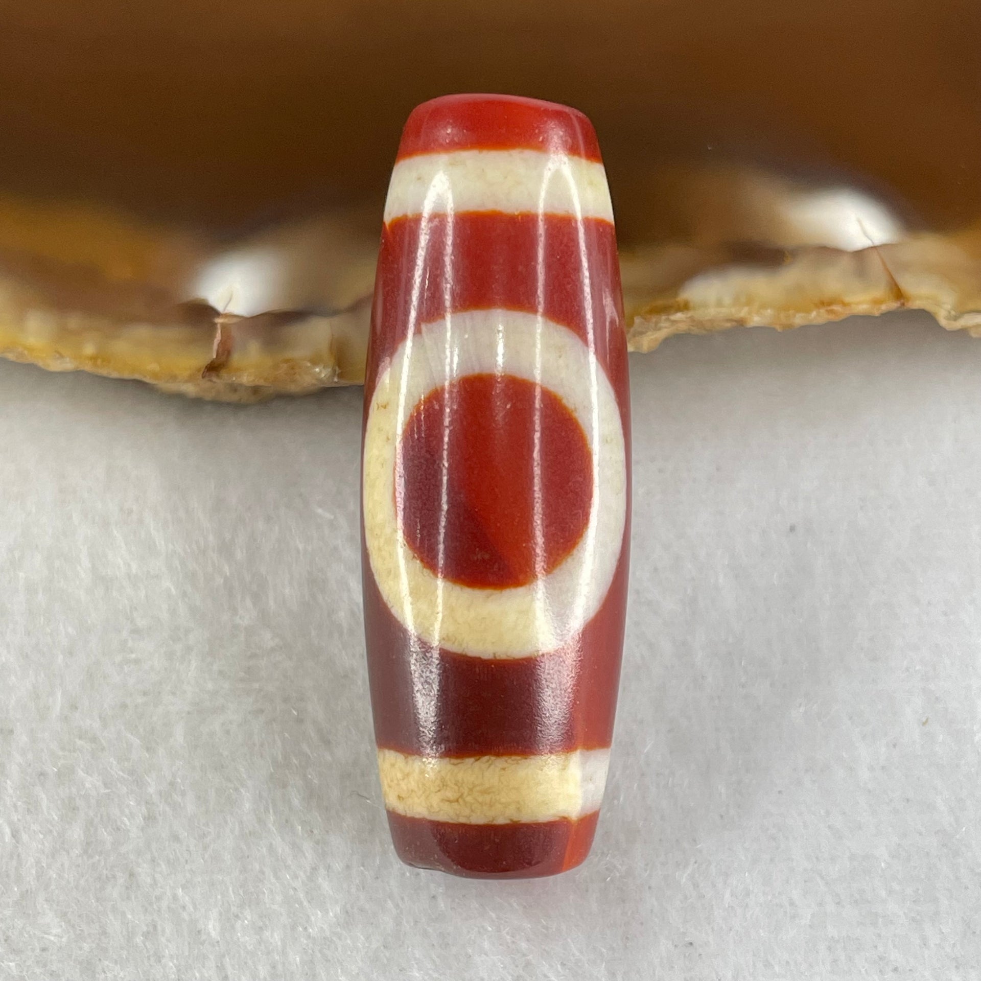 Natural Powerful Tibetan Old Oily Red White Agate One Eye Earth Element Dzi Bead Heavenly Master (Tian Zhu) 一眼土元素天珠 10.72g 37.5 by 13.5mm - Huangs Jadeite and Jewelry Pte Ltd