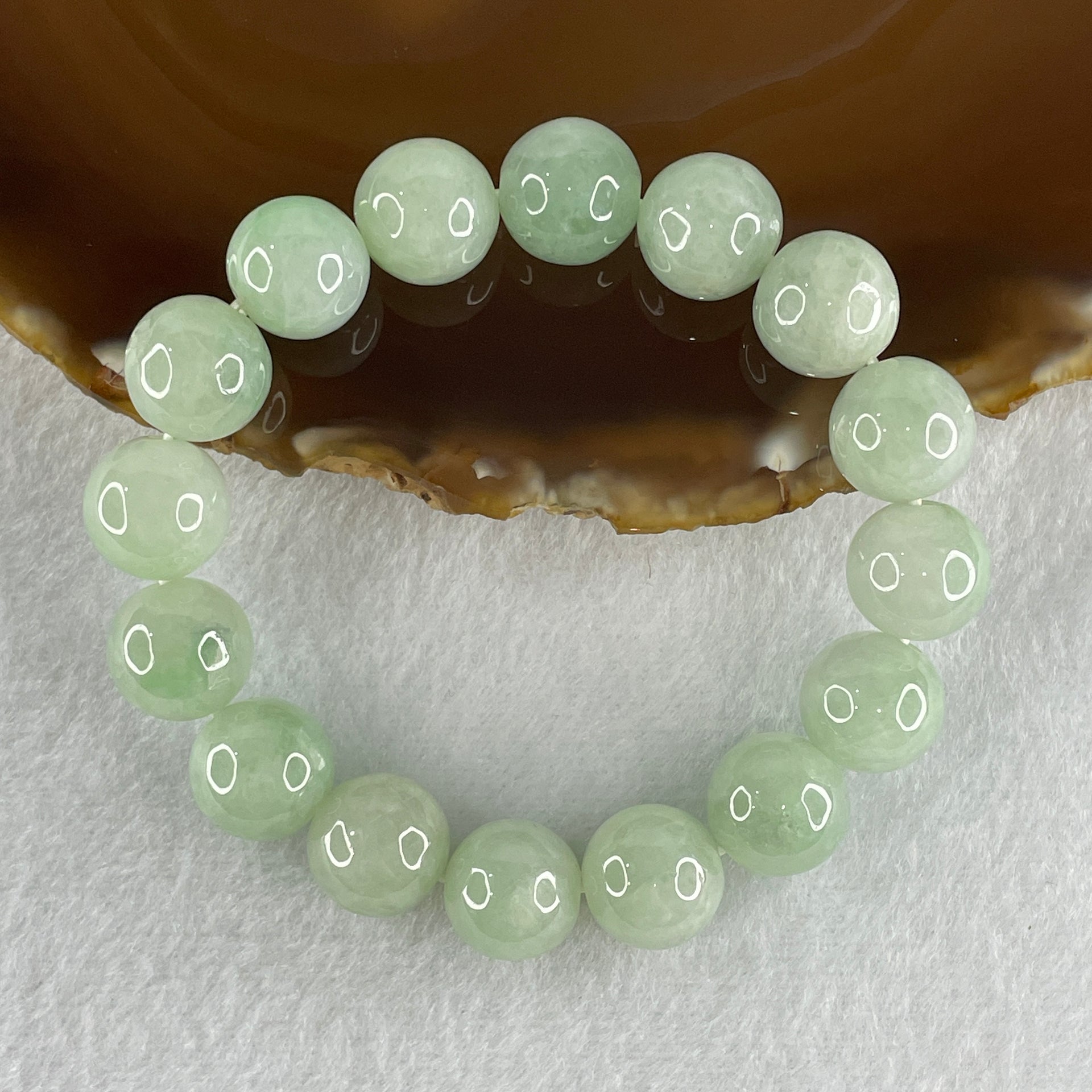 Type A Light Green Jadeite Beads Bracelet 53.65g 16cm 12.7mm 16 Beads (Slight Internal and External Lines) - Huangs Jadeite and Jewelry Pte Ltd