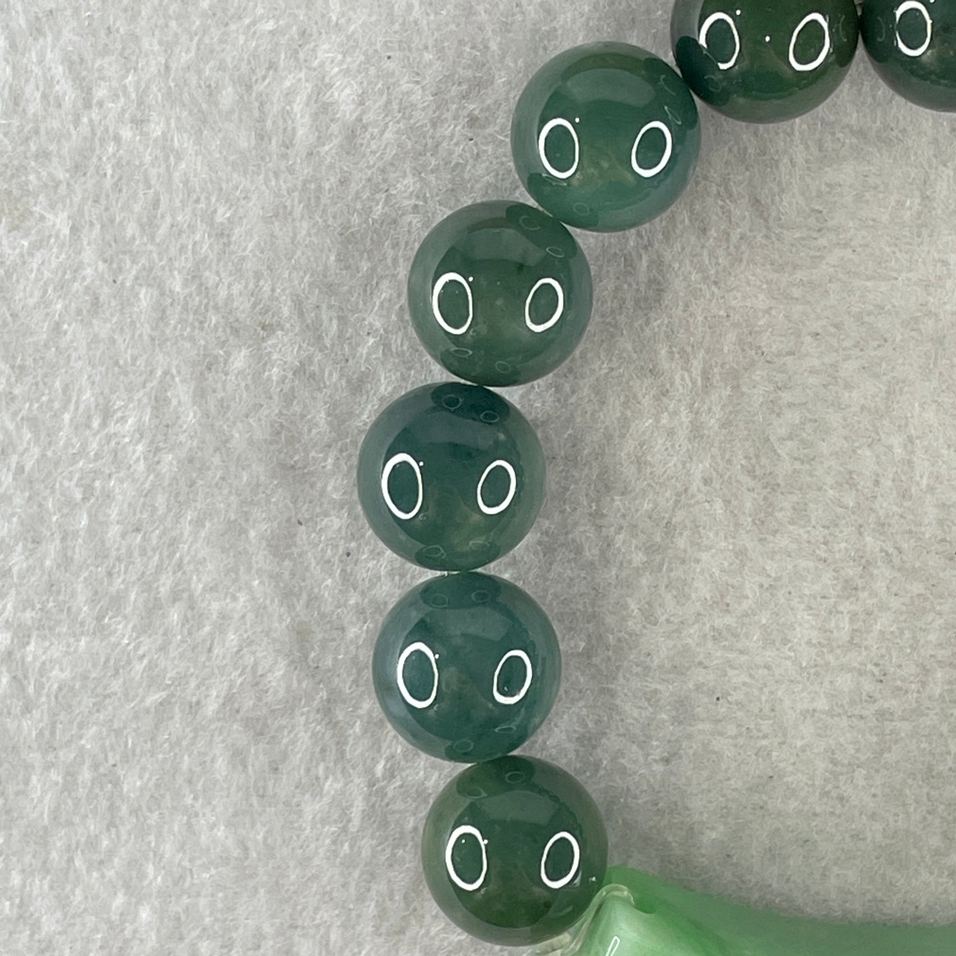 Type A Burmese Old Mine Blueish Green Jadeite Beads with Green Jadeite Twin Koi Fish and Flower Bracelet 60.96g 12.8mm 12 Beads 51.5 by 10.4 by 14.4mm - Huangs Jadeite and Jewelry Pte Ltd