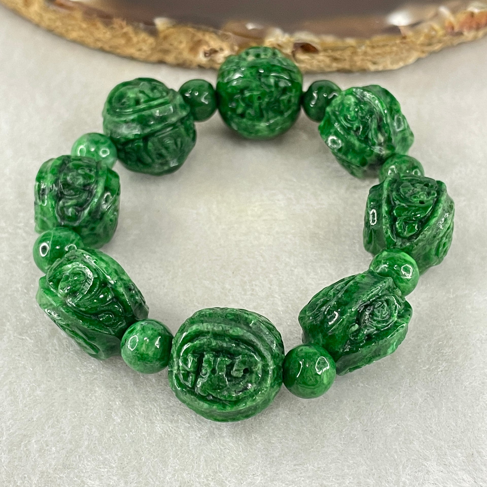 Antique Natural Type A Old mine Spicy Green Jadeite Dragon and Bat Bracelet 46.77g 14.8 by 13.9 by 15.6mm 12cm - Huangs Jadeite and Jewelry Pte Ltd