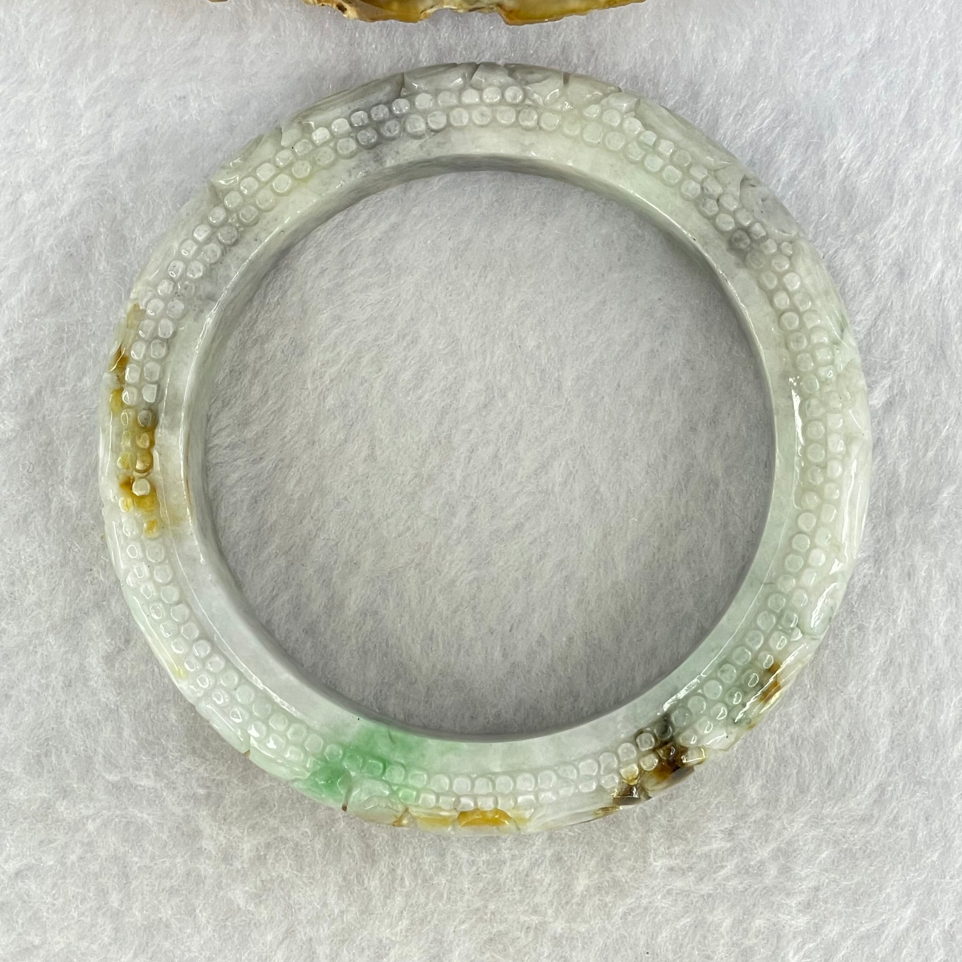 Type A Green Lavender with Brown Yellow Patches Jadeite Carved Ruyi Bangle Internal Diameter 56.3mm 76.21g 13.8 by 10.5mm (Internal Lines) - Huangs Jadeite and Jewelry Pte Ltd