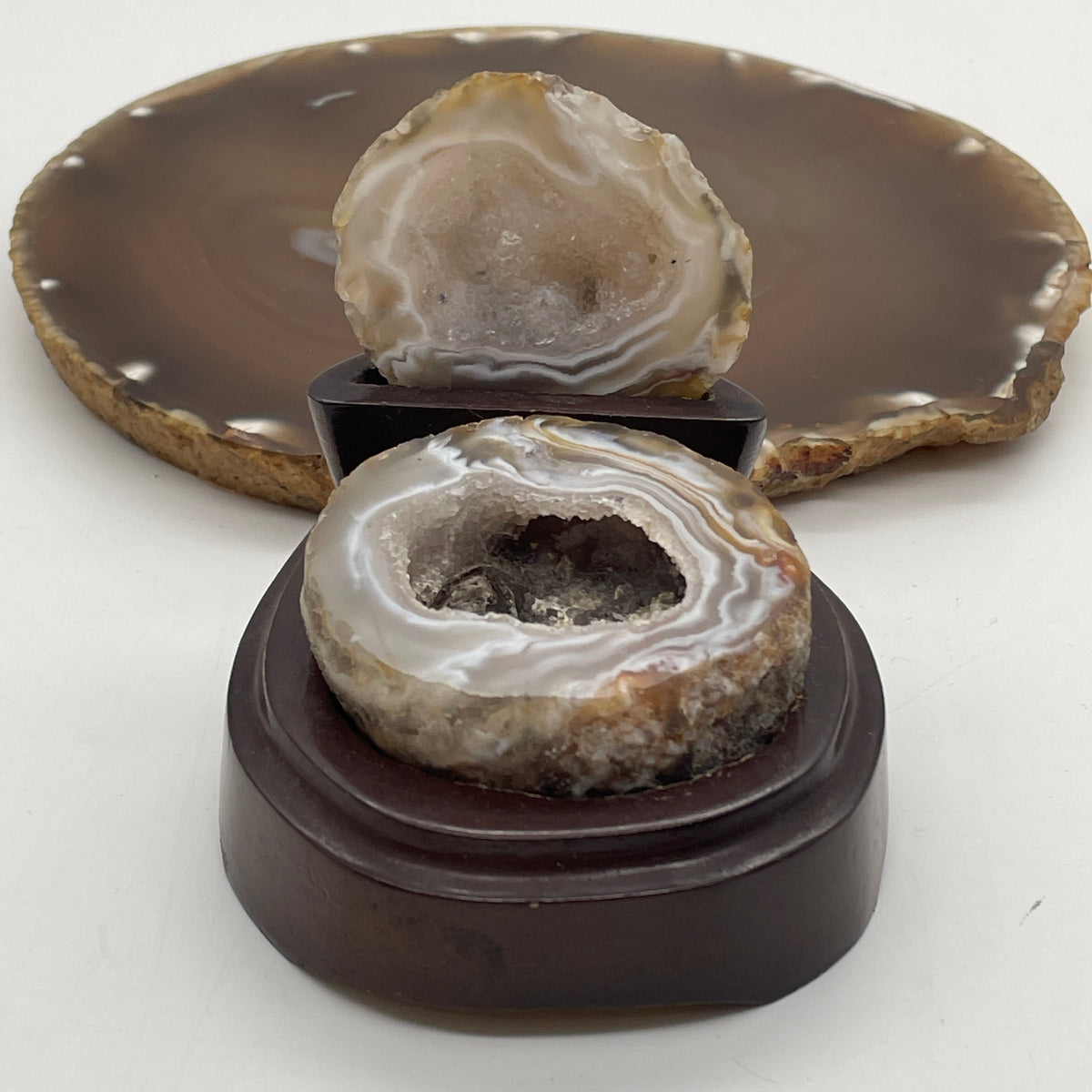 Natural White Agate Wealth Pot "Ju Bao Pen" with Wooden Stand Display | White Quartz Geode & Custom Pedestal Set (146.82g | 73.0 x 84.5 x 69.5mm | Synergy, Feng Shui Wealth Collector, Space Purification & Abundance Catalyst)