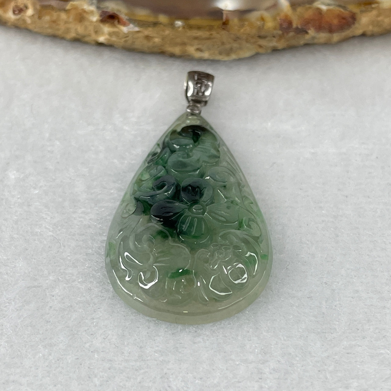 Certified Natural Type A Light Green & Old Mine Green Piao Hua Jadeite Flower with Ruyi & Coin Pendant | Masterpiece Hand-Carved Myanmar Feicui | Supreme Manifestation, Continuous Wealth & Safety Amulet (9.12g | 40.4x22.2x6.4mm)