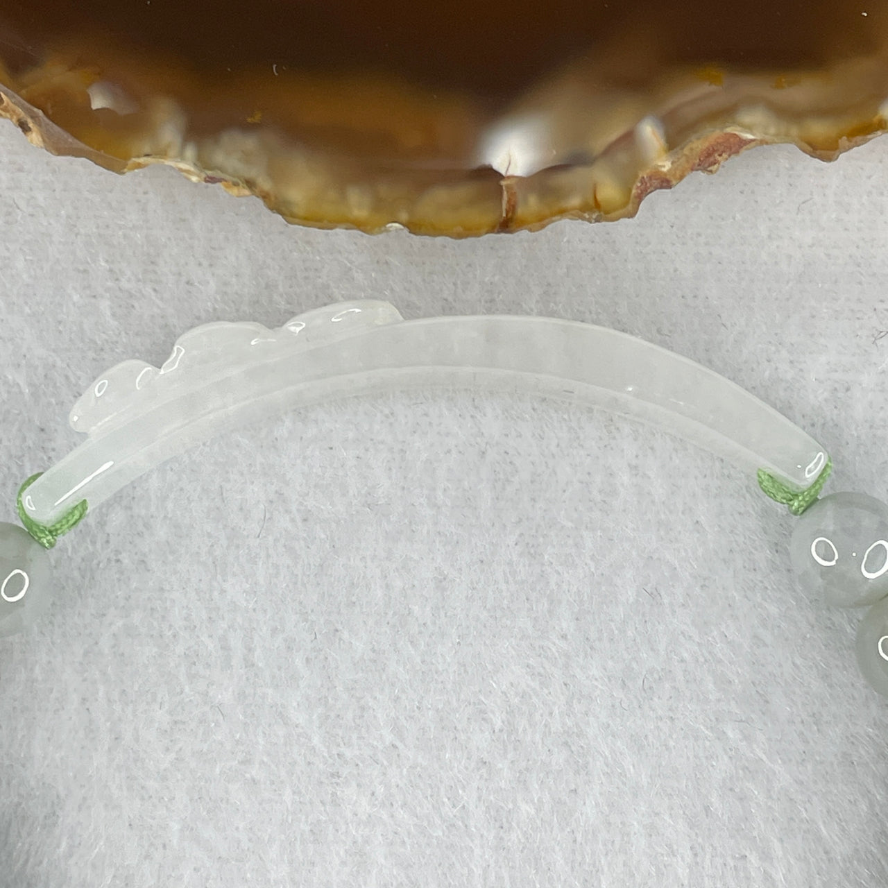 Natural Type A Light Blueish Green Jadeite Bracelet | Adjustable 7.6mm Round Multi-Tone Green Beads with Colorless Icy Lotus Flower 52.2x9.8x5.9mm Bar Amulet (22.34g, 18-20cm, 20 Beads)