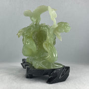 Natural Green Serpentine Magpie Bird with Cricket on Grape with Wooden Stand Display 1,042.7g L195.0 by B105.0 by H180.0 mm - Huangs Jadeite and Jewelry Pte Ltd