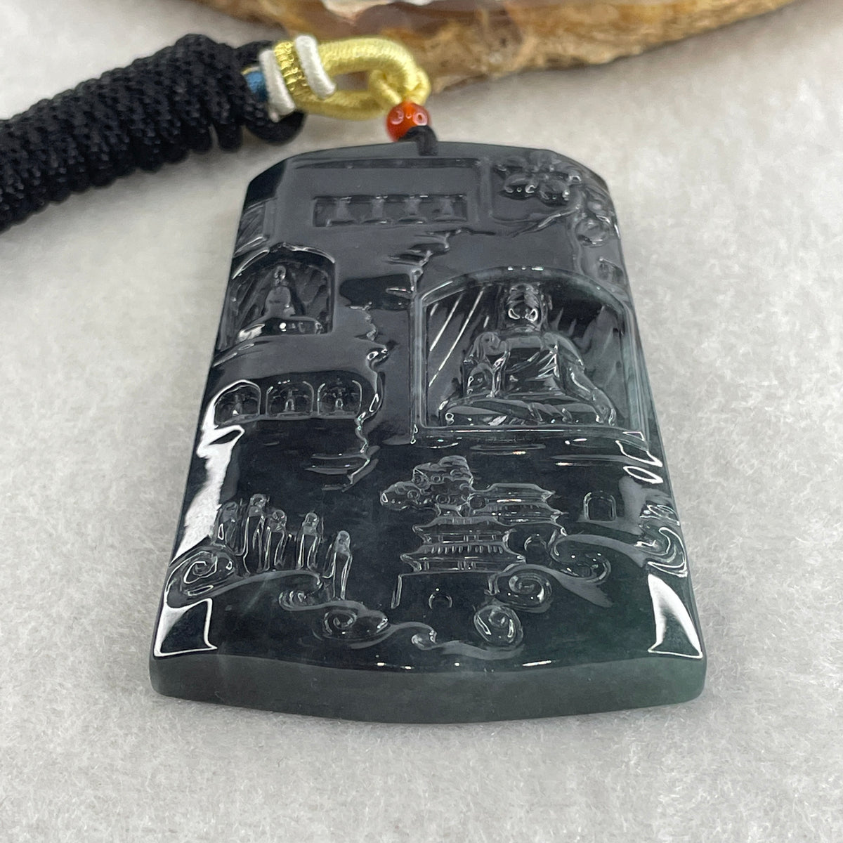 Natural Type A Wuji Grey with Blueish Green Jadeite Buddha on Shan Shui & Gui Ren Pendant | (51.77g | 62.0 x 40.8 x 7.8mm | Joy, Infinite Wealth & Noble Benefactor Anchor, Feng Shui Sovereign Masterpiece) - Huangs Jadeite and Jewelry Pte Ltd