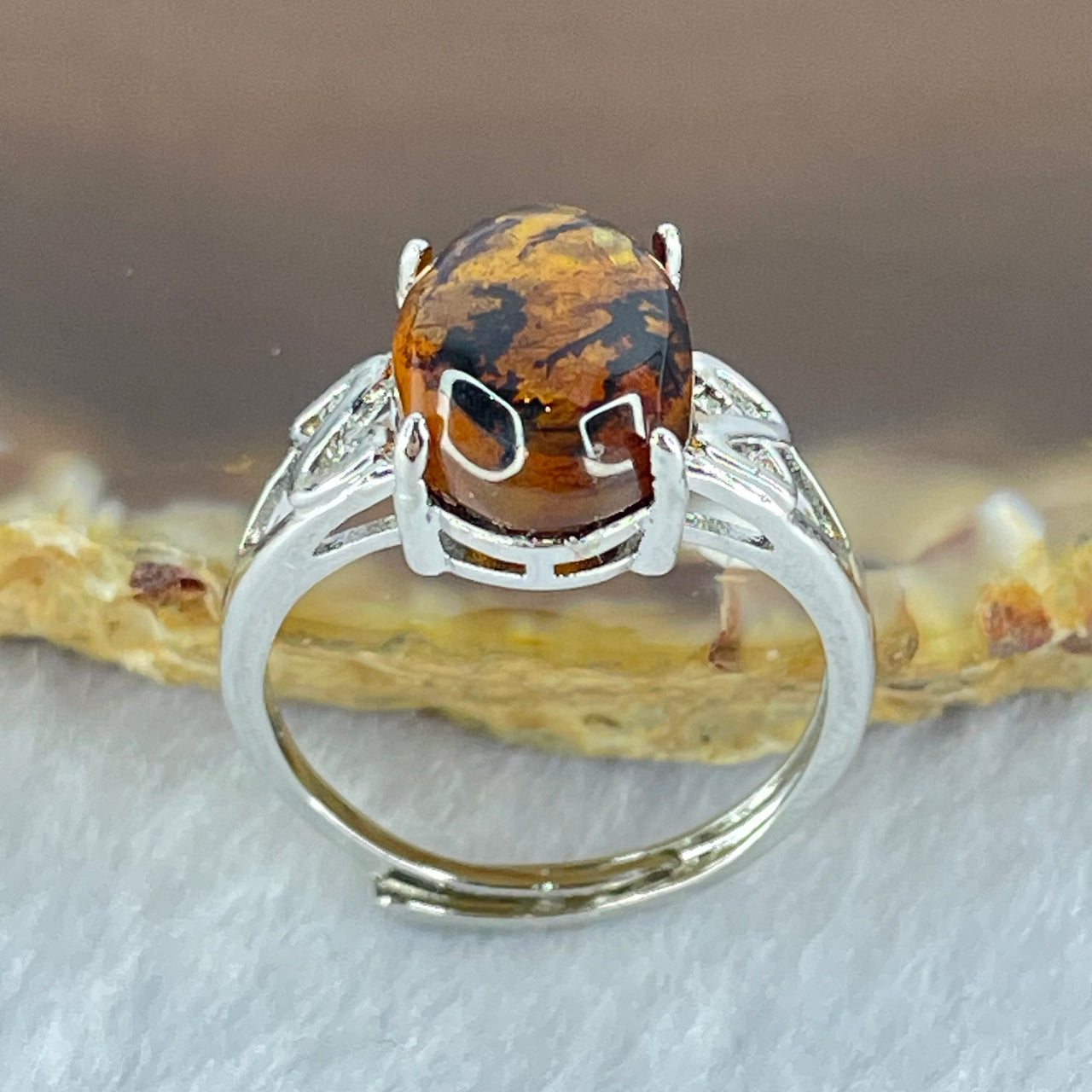 Natural Cognac Amber in S925 Sliver Ring (Adjustable Size) 2.11g 12.7 by 9.0 by 4.5mm - Huangs Jadeite and Jewelry Pte Ltd