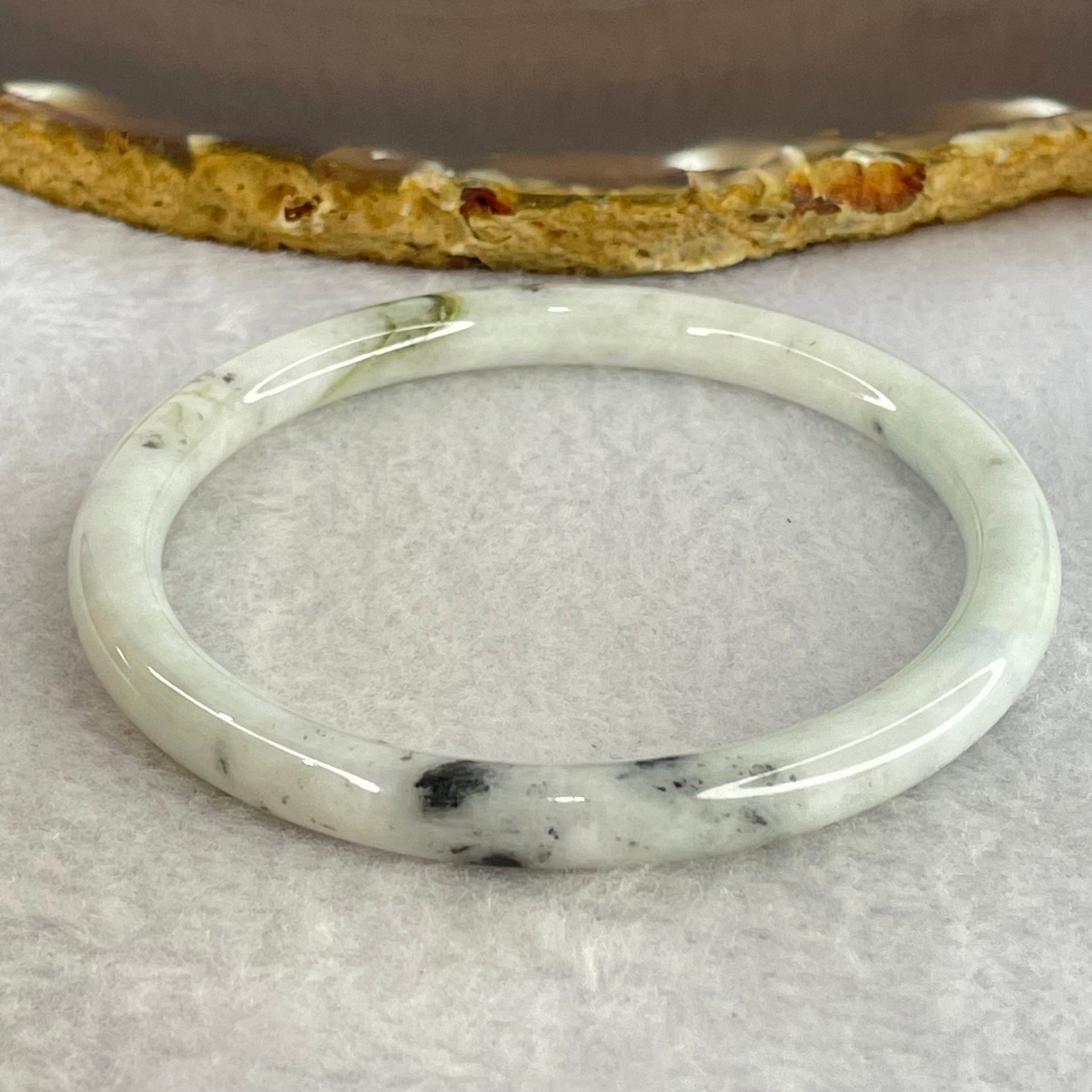 Type A Faint Lavender with Moss Green and Grey Patches Jadeite Bangle Internal Diameter 59.7mm 23.90g 6.8 by 6.8mm (External Lines) - Huangs Jadeite and Jewelry Pte Ltd