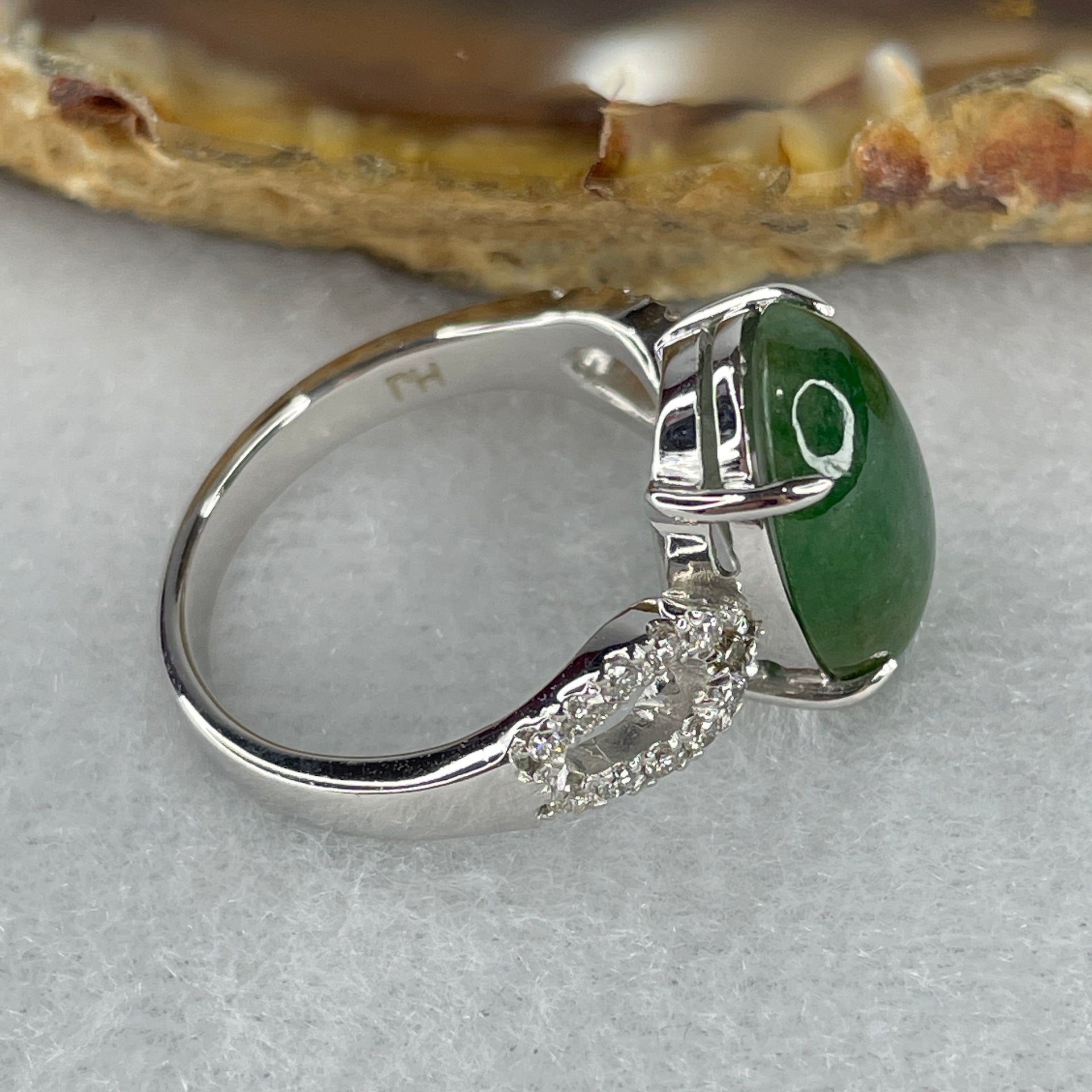 Type A Green Burmese jadeite ring in 18k white gold & natural diamonds 5.43g size US7 - Huangs Jadeite and Jewelry Pte Ltd