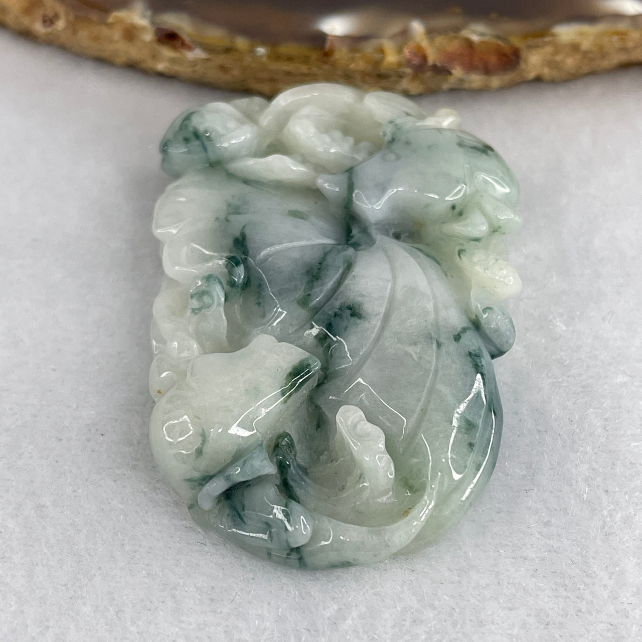 Natural Type A Light Green & Blueish Green Piao Hua Jadeite Double Fish on Lotus Leaf & Ruyi Pendant | 100% Untreated Abundance Motif | Statement Fei Cui Jade Pendant (39.68g | 57.0 × 37.4 × 12.0mm)